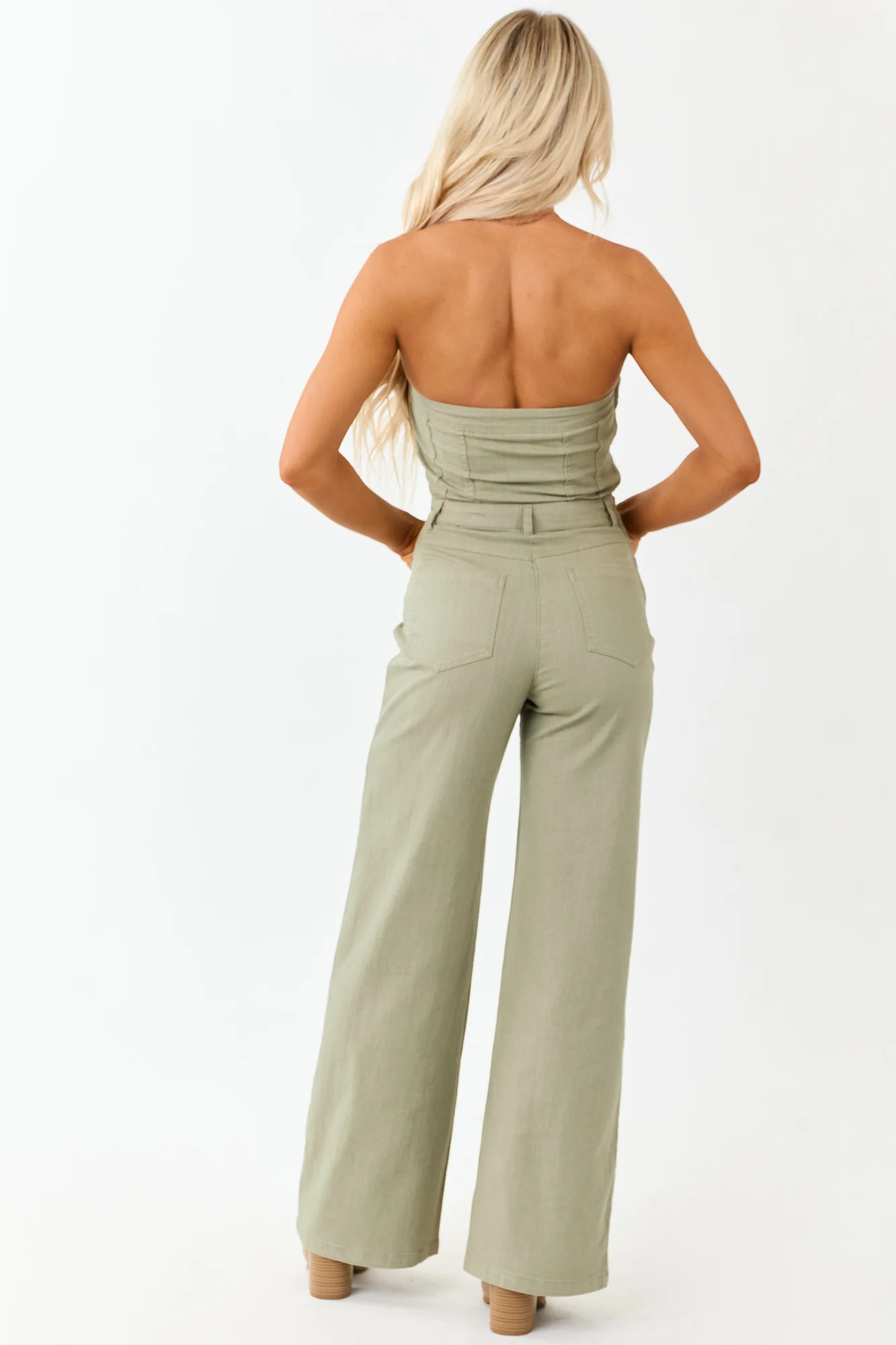 Olive Wide Leg Denim Jumpsuit with Strapless Neckline