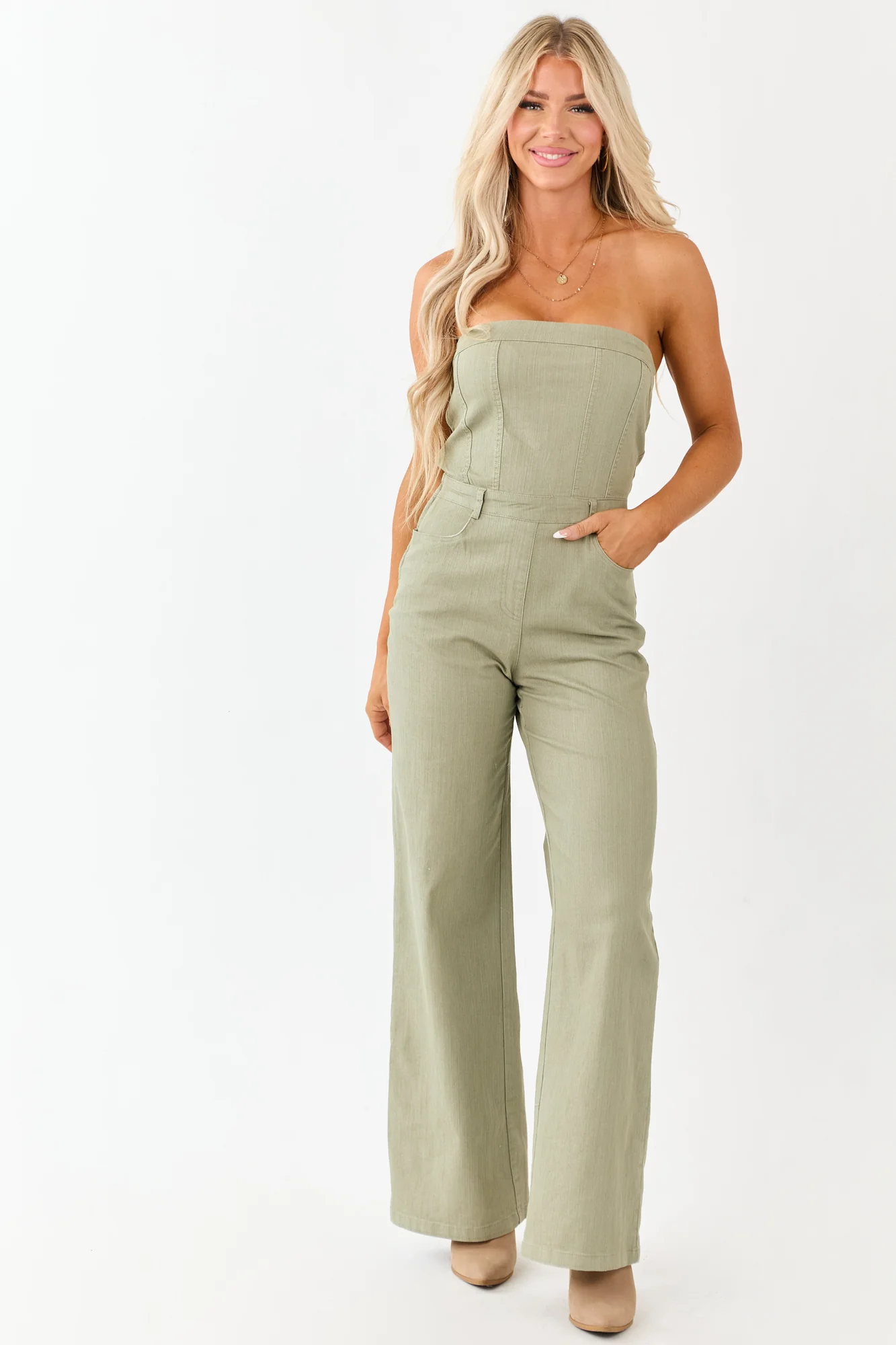 Olive Wide Leg Denim Jumpsuit with Strapless Neckline