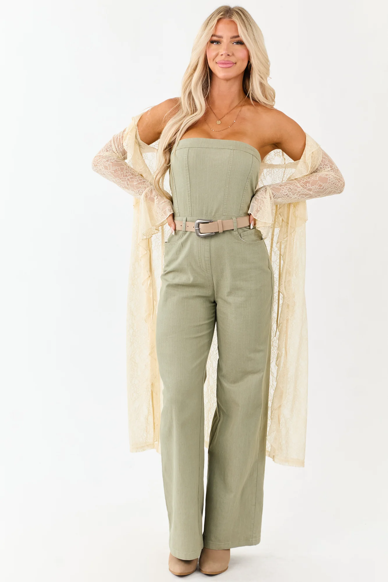 Olive Wide Leg Denim Jumpsuit with Strapless Neckline