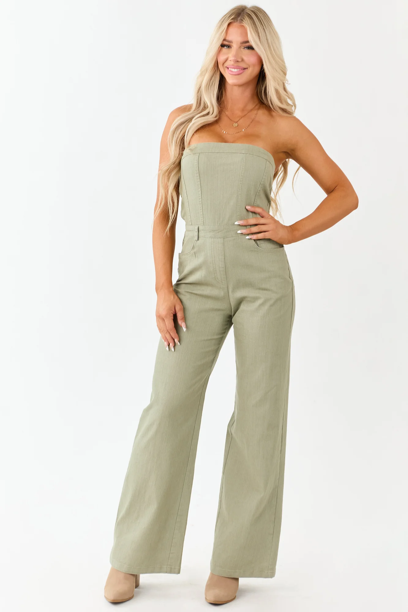 Olive Wide Leg Denim Jumpsuit with Strapless Neckline