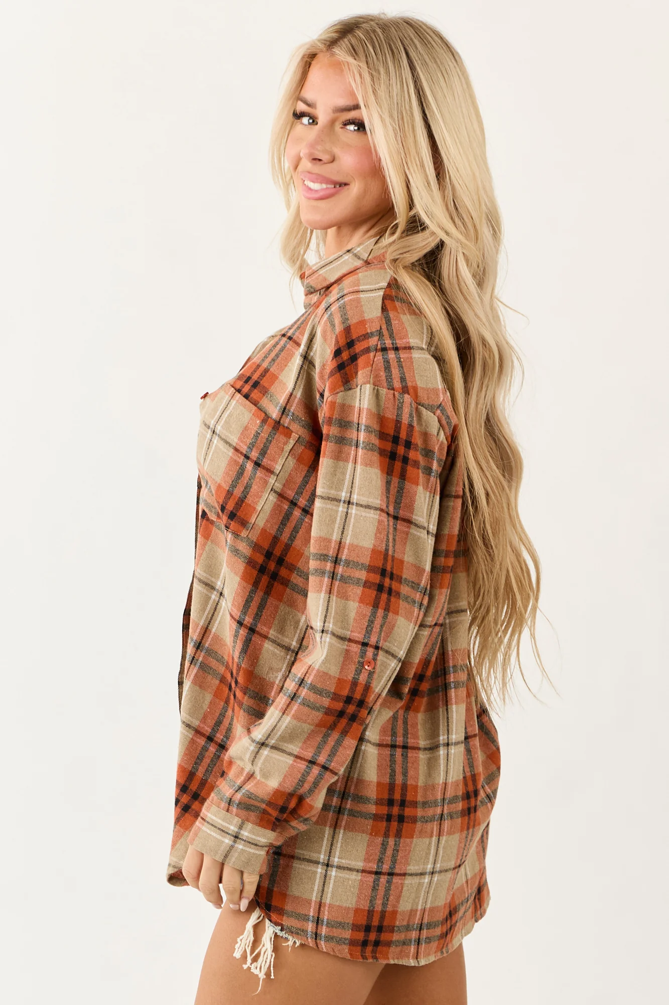 Tawny Plaid Flannel Shirt Blouse Top