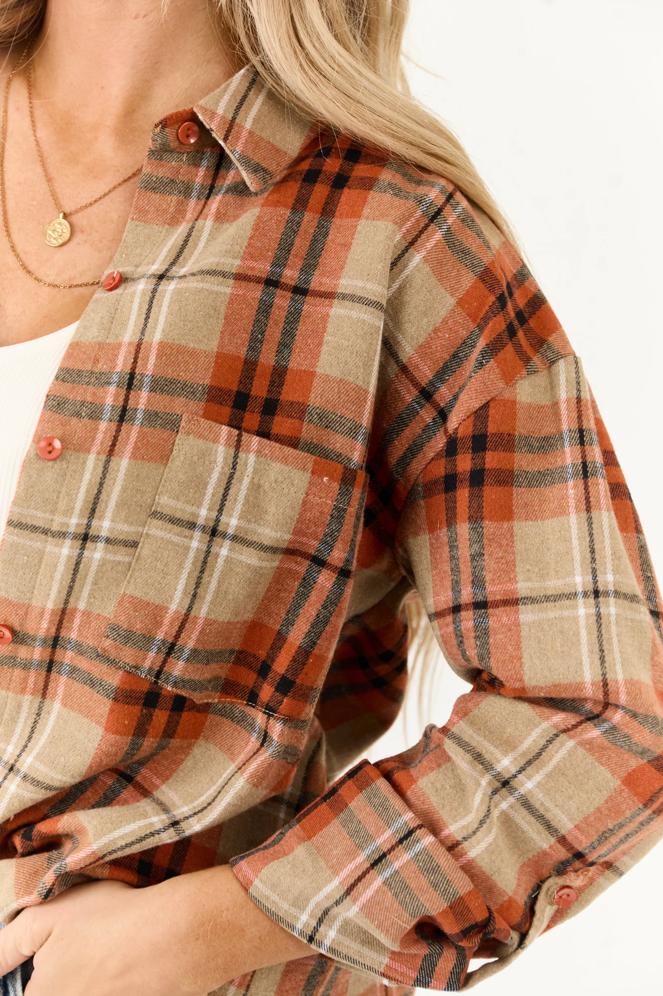Tawny Plaid Flannel Shirt Blouse Top