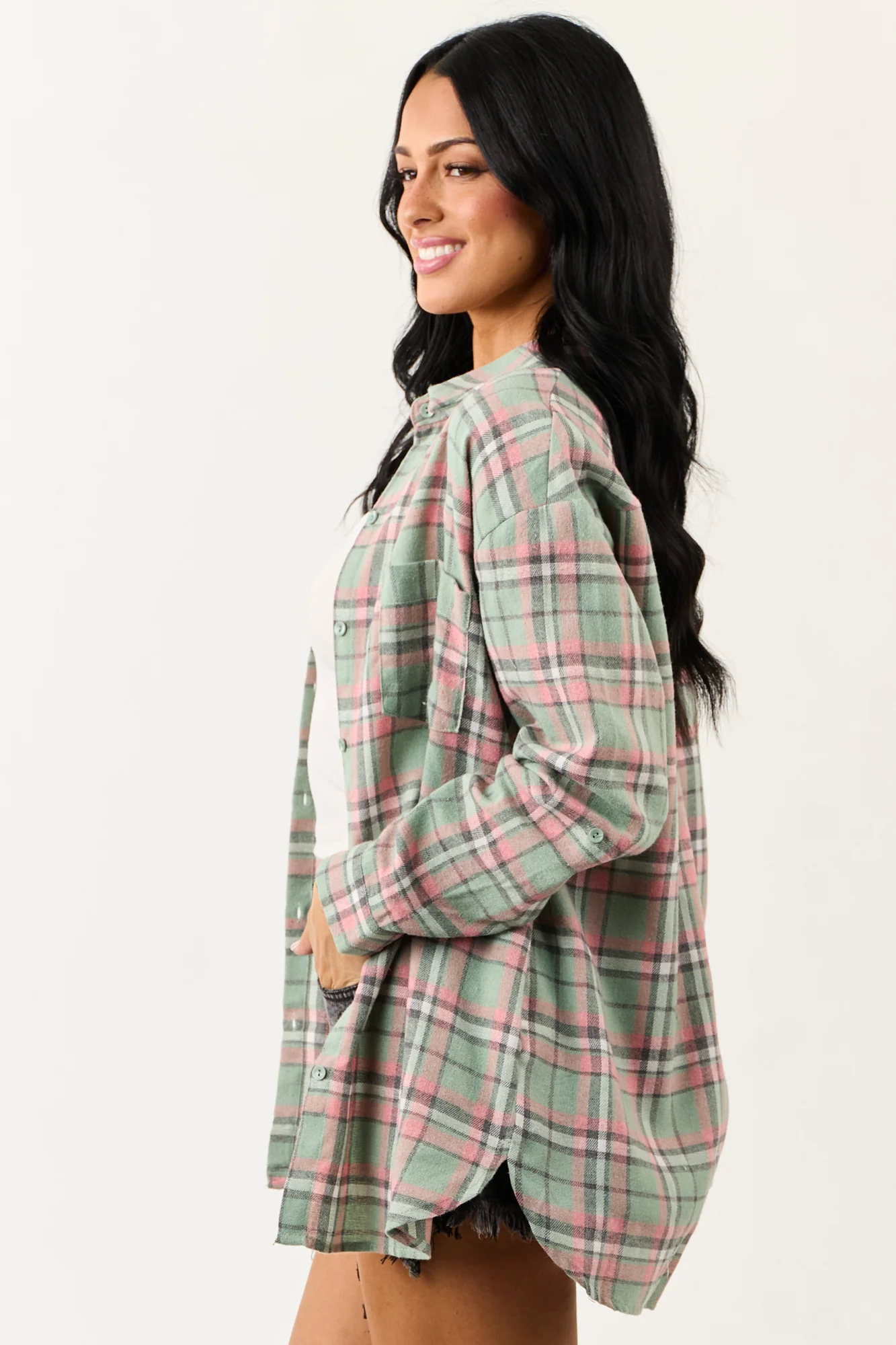 Sage Plaid Long Sleeve Collared Top