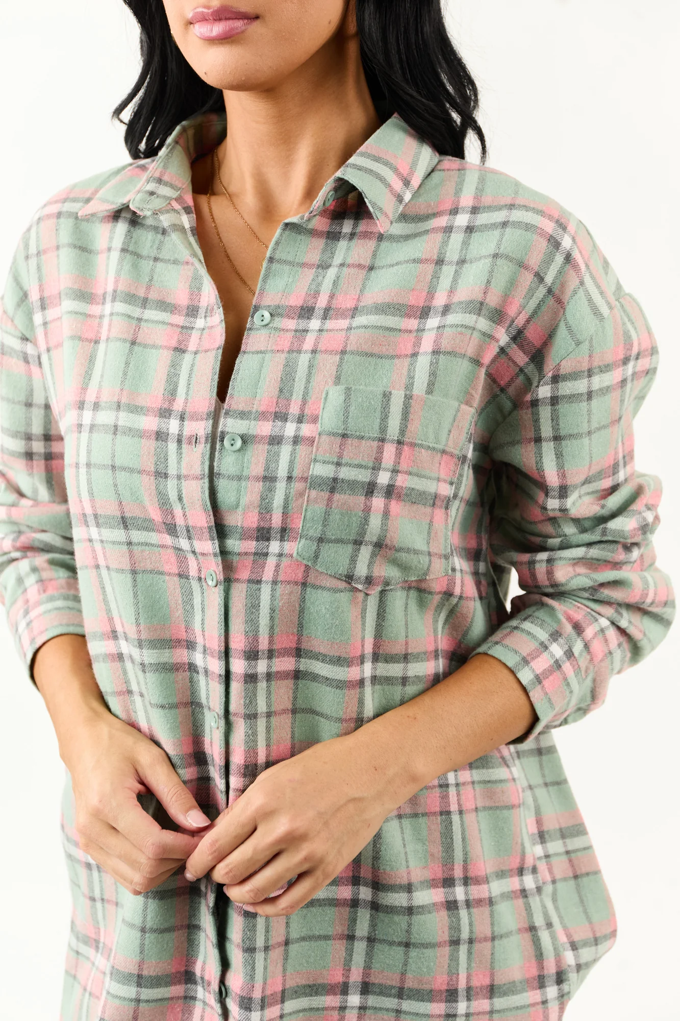 Sage Plaid Long Sleeve Collared Top