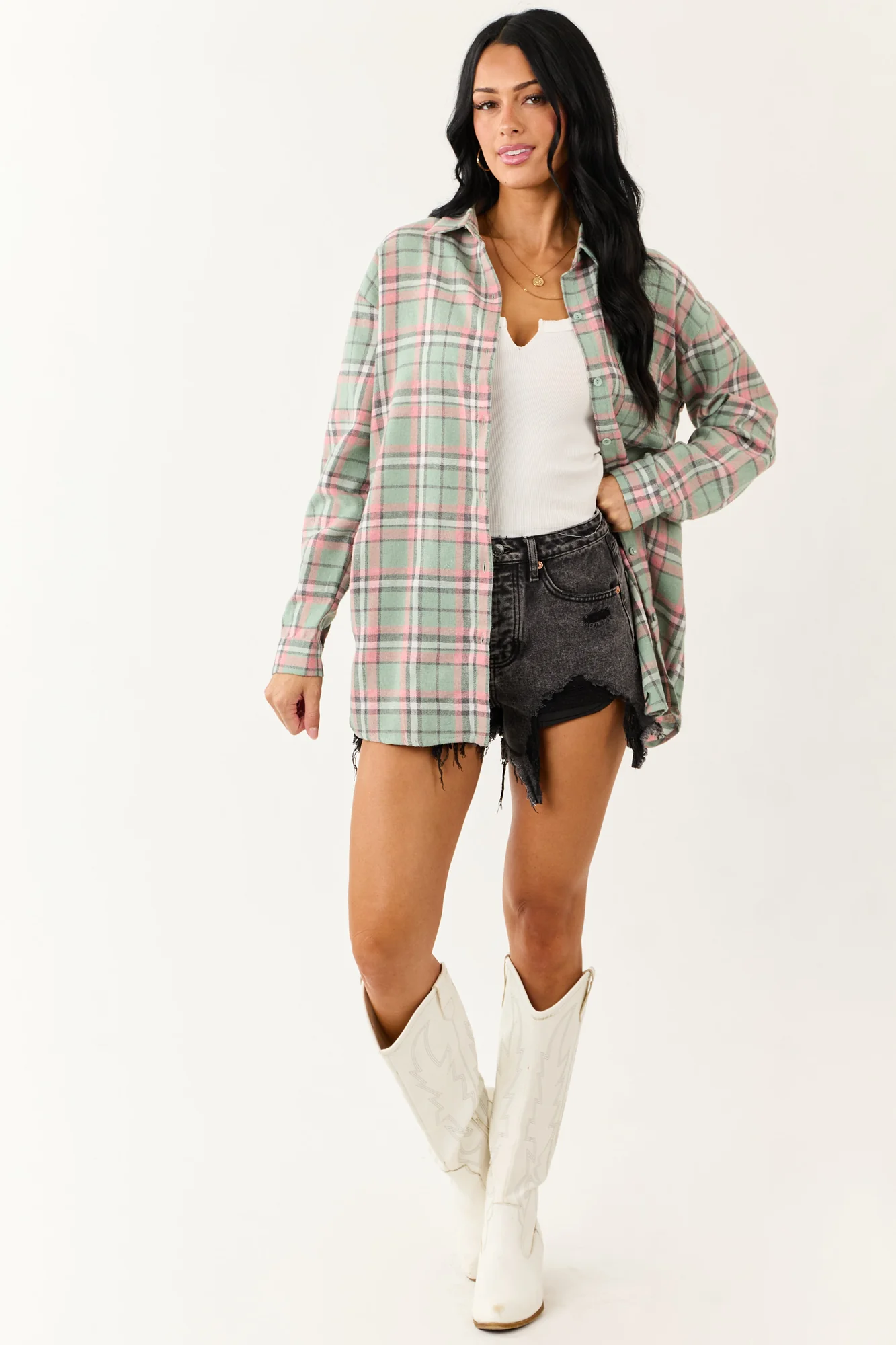 Sage Plaid Long Sleeve Collared Top