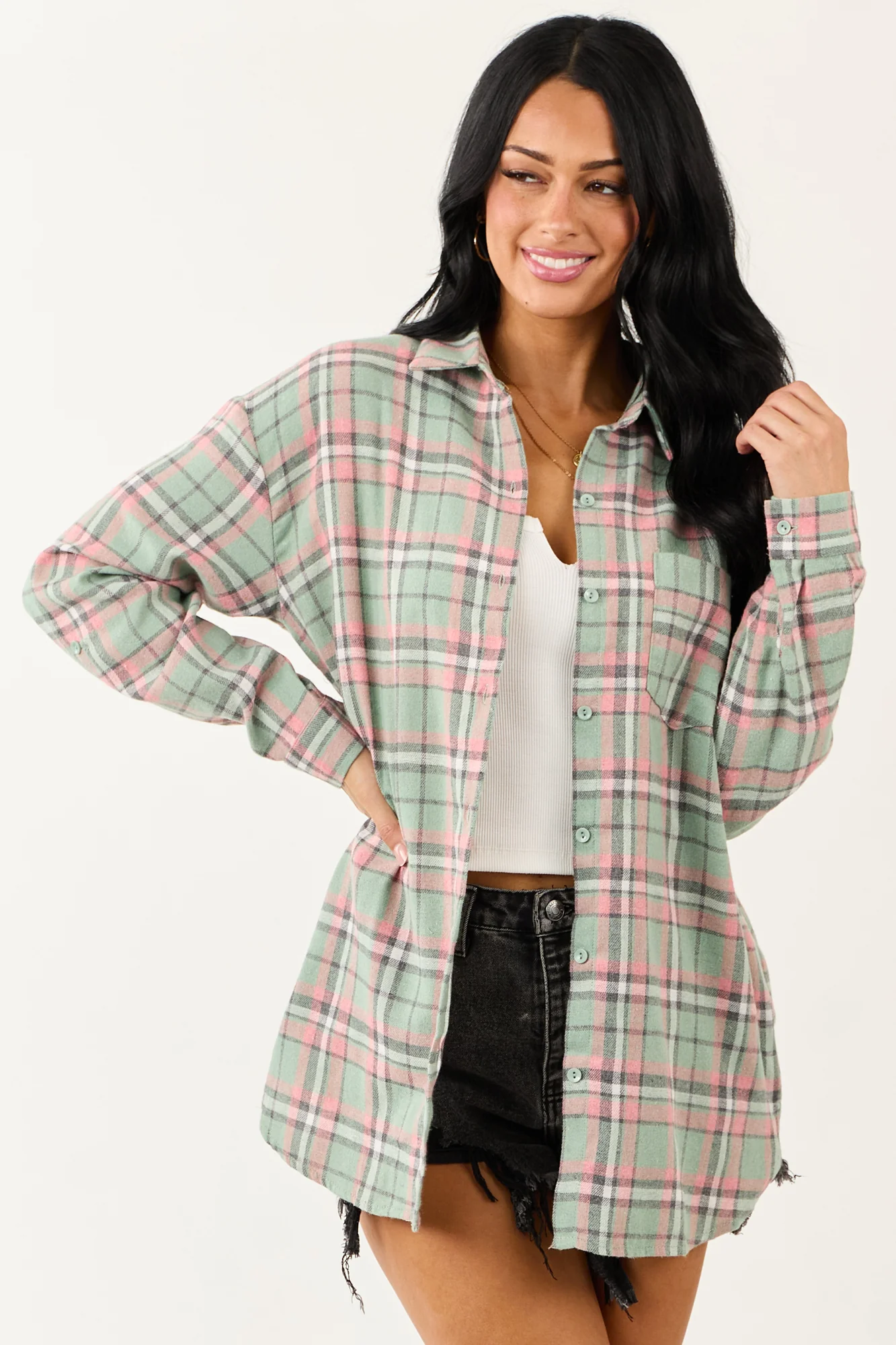 Sage Plaid Long Sleeve Collared Top