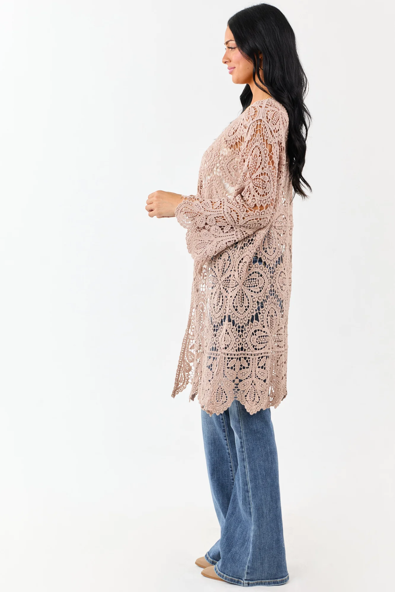 Taupe Crochet Floral Bell Sleeve Cotton Duster Cardigan