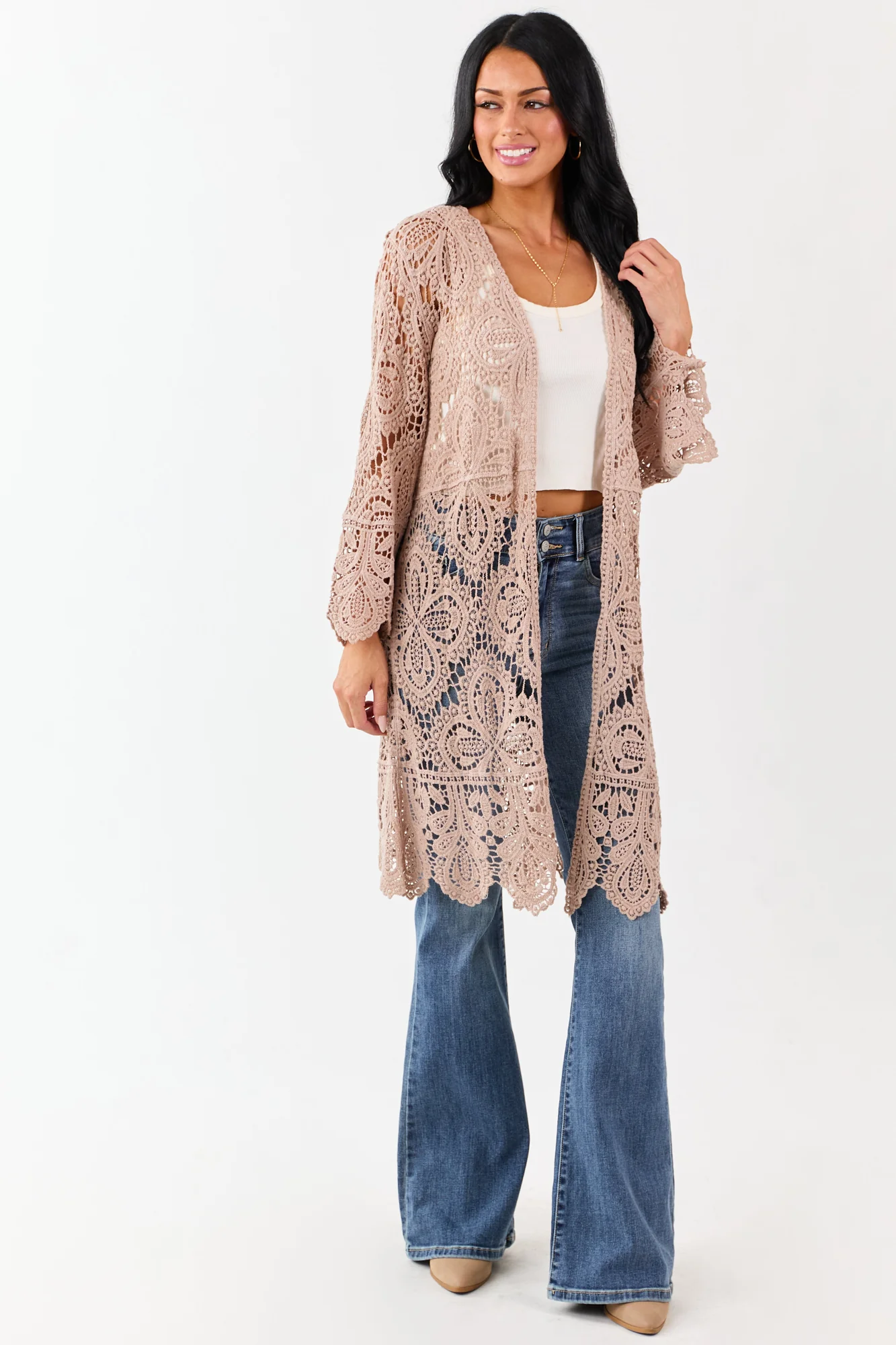 Taupe Crochet Floral Bell Sleeve Cotton Duster Cardigan