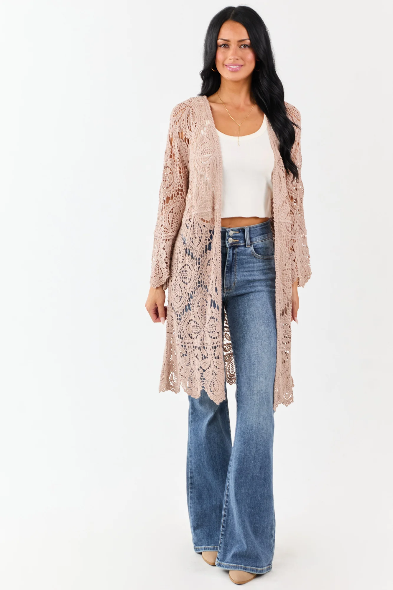 Taupe Crochet Floral Bell Sleeve Cotton Duster Cardigan