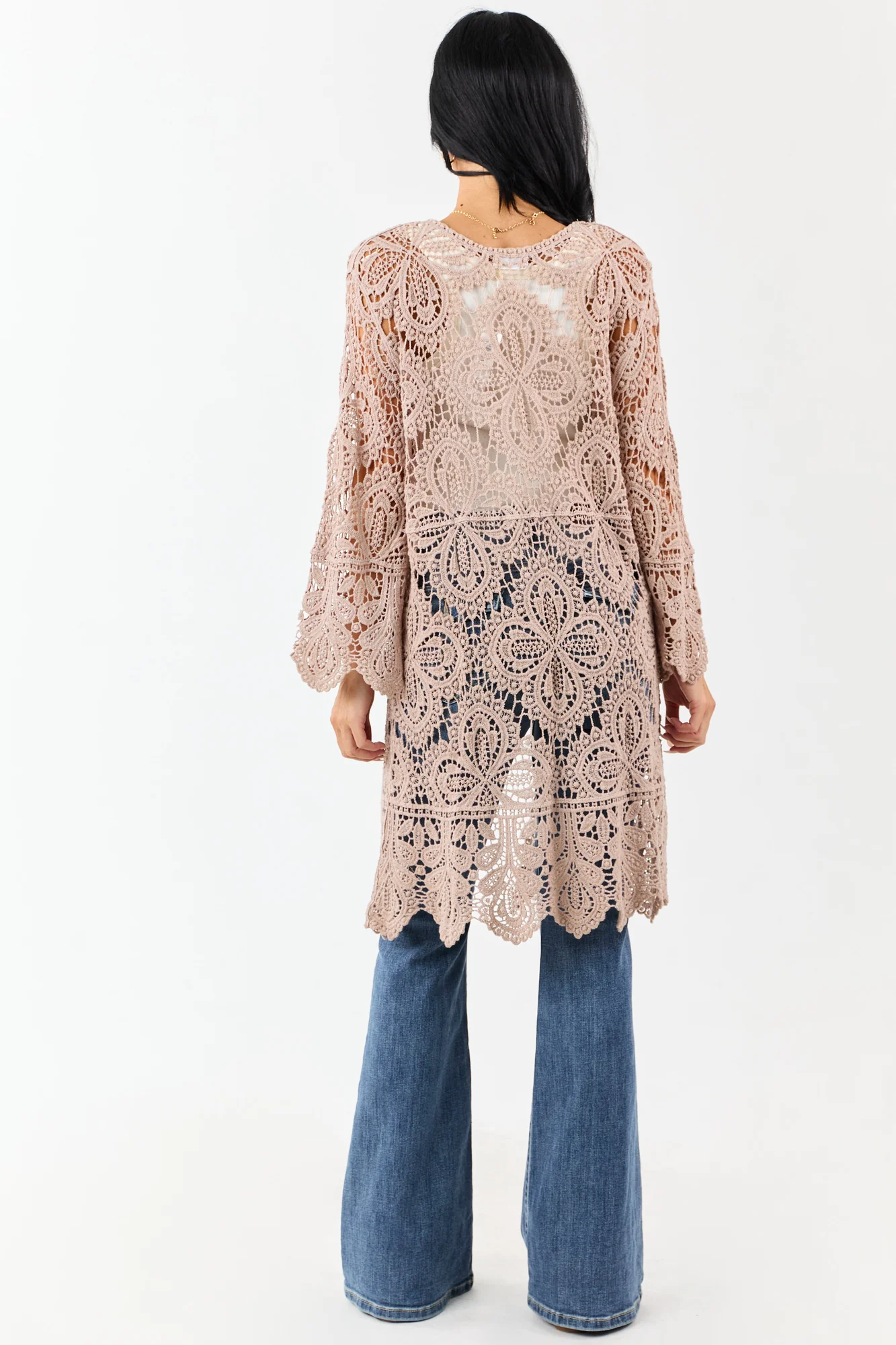 Taupe Crochet Floral Bell Sleeve Cotton Duster Cardigan