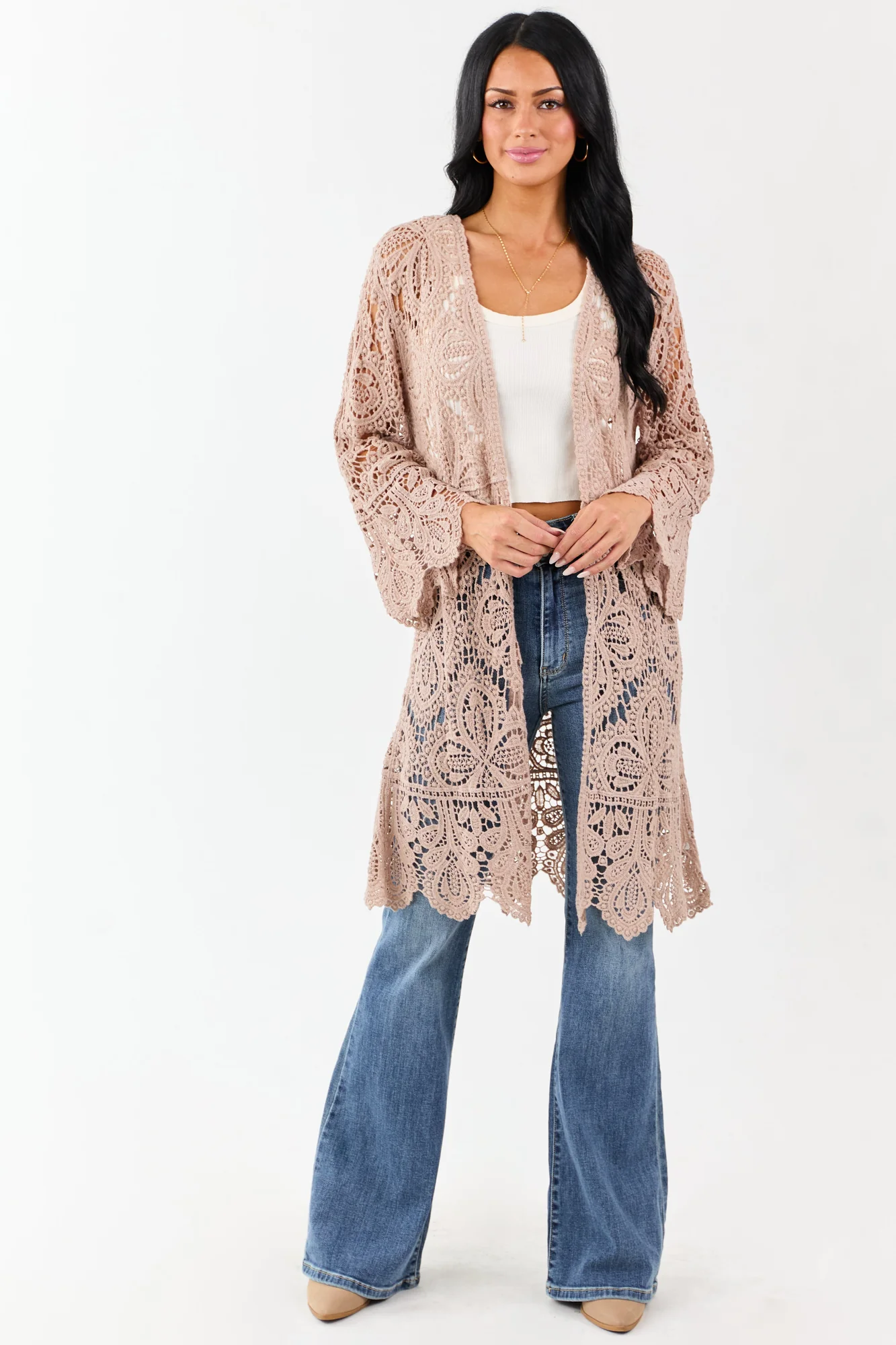 Taupe Crochet Floral Bell Sleeve Cotton Duster Cardigan