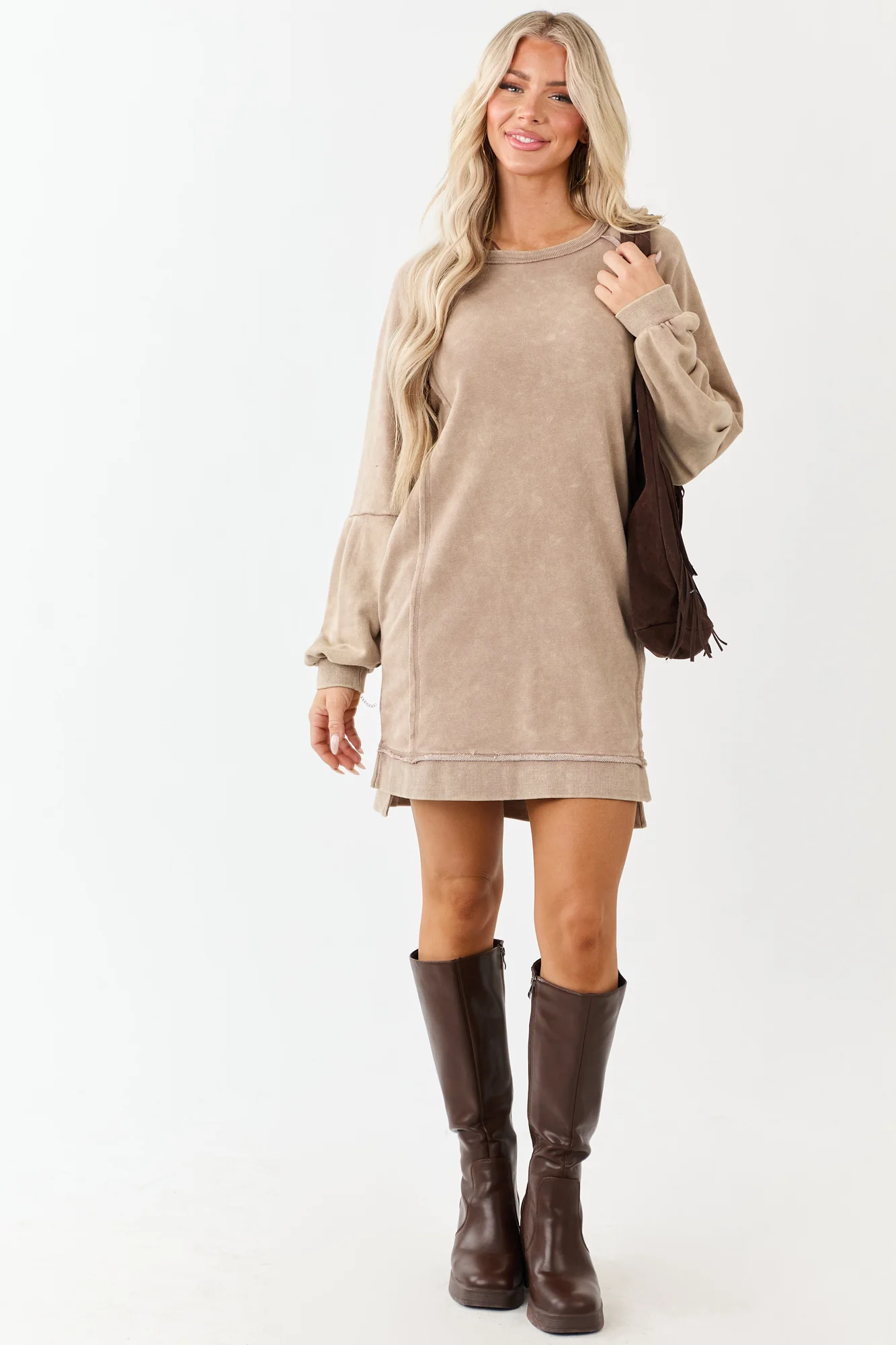 Neutral Mineral Wash Knit Pocket Shift Dress