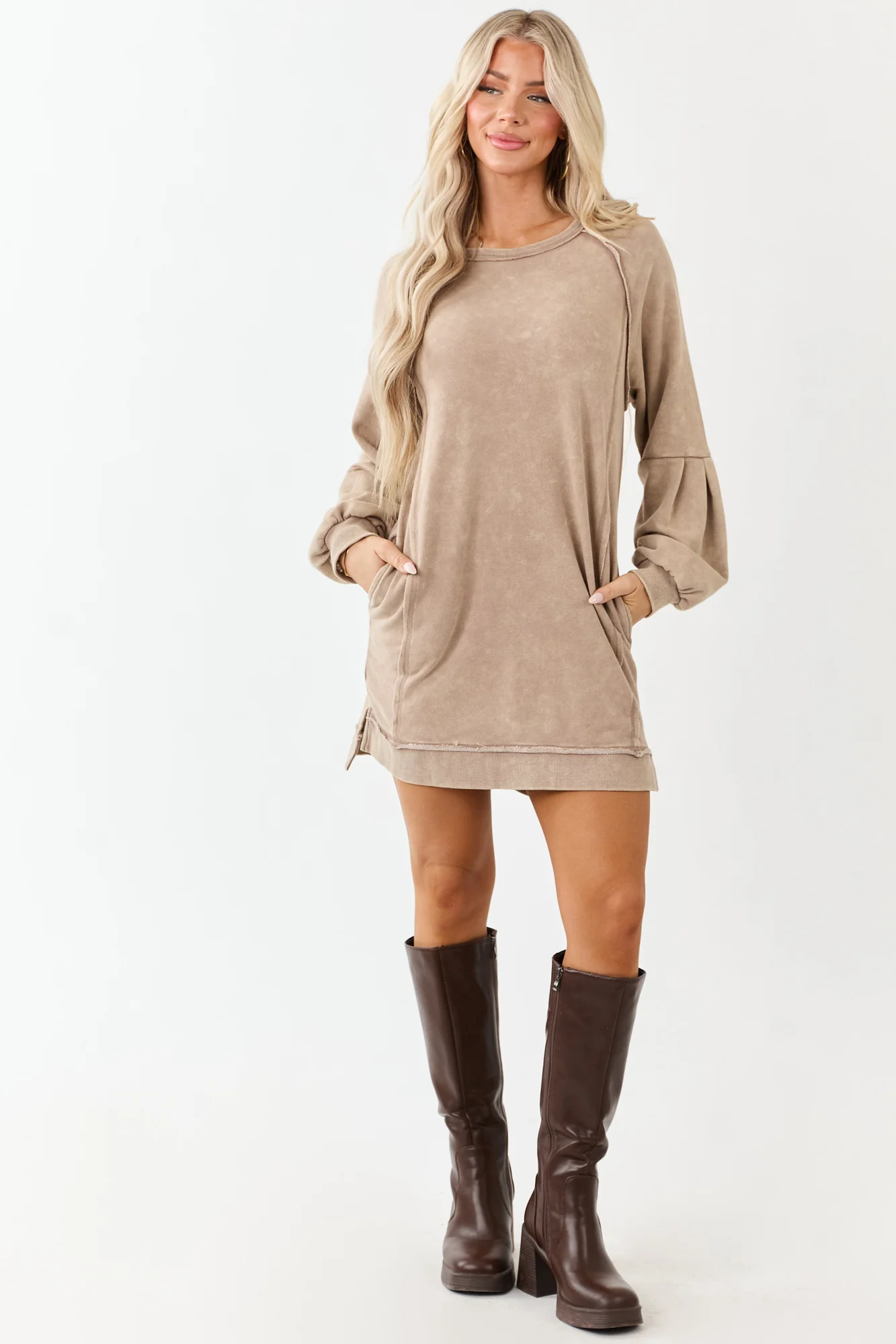 Neutral Mineral Wash Knit Pocket Shift Dress