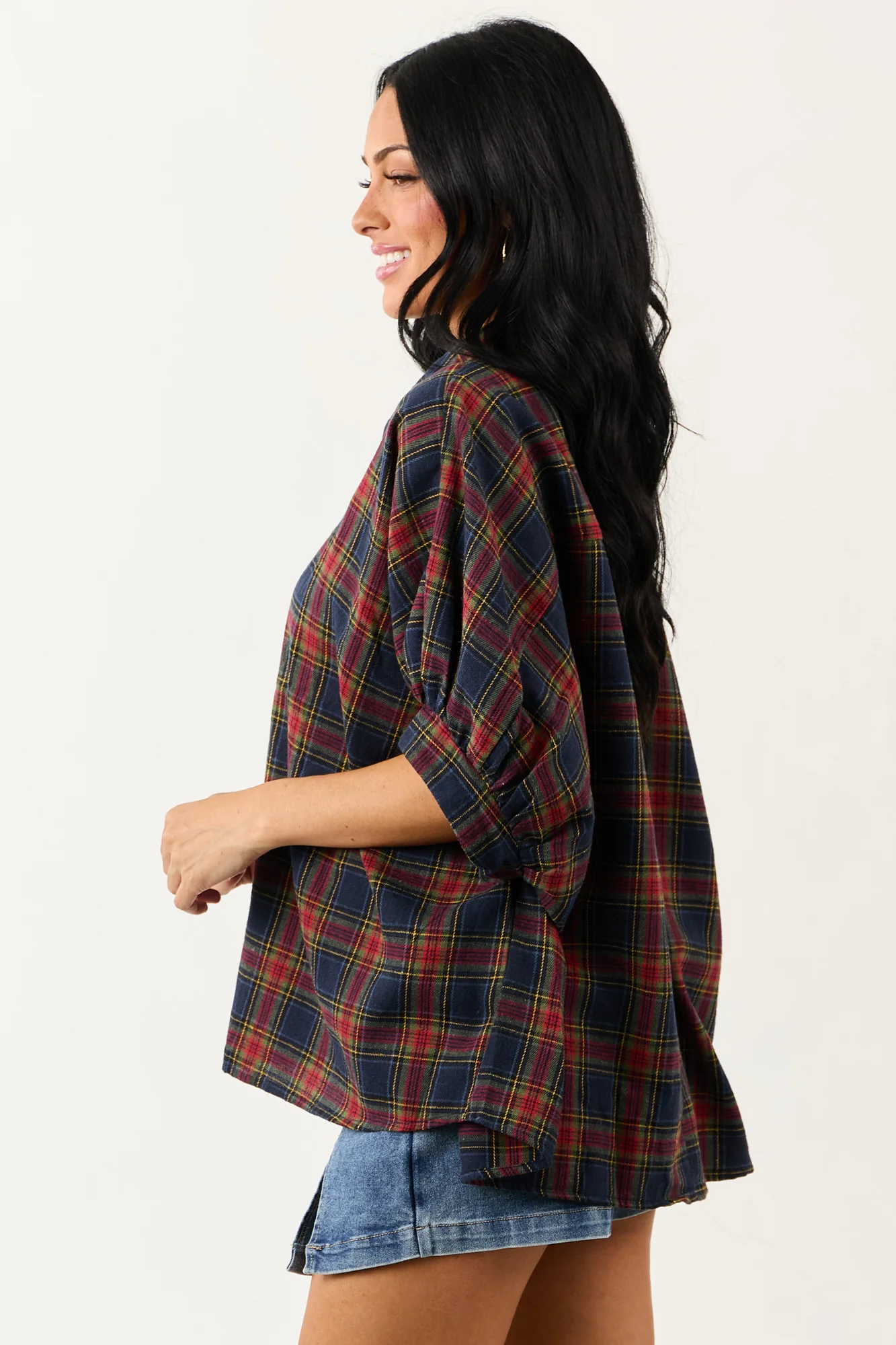 Cozy Oversized Plaid Dolman Sleeve Top in Navy Blue