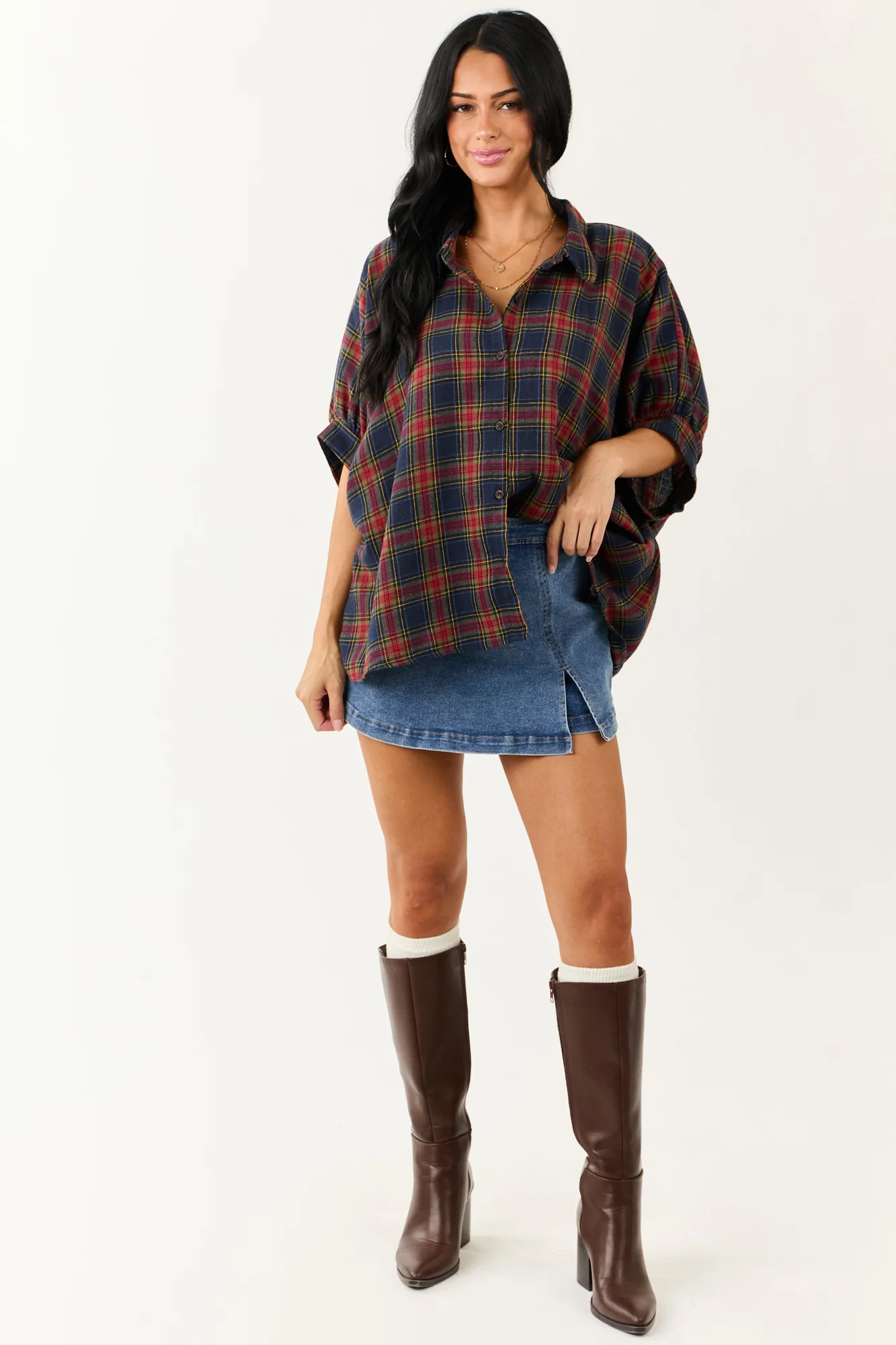 Cozy Oversized Plaid Dolman Sleeve Top in Navy Blue