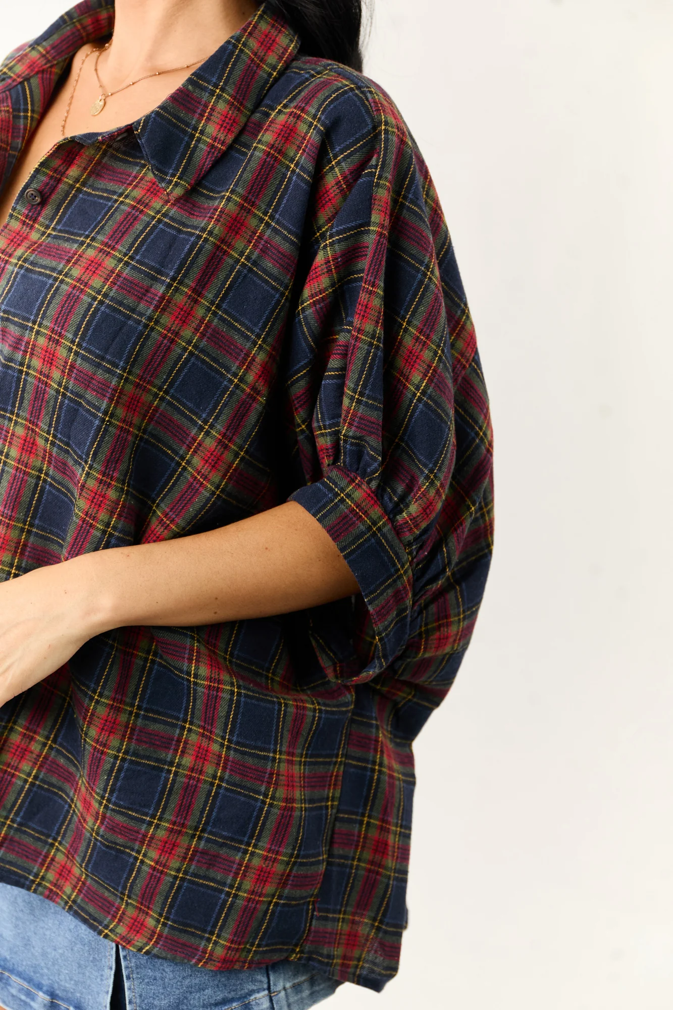 Cozy Oversized Plaid Dolman Sleeve Top in Navy Blue