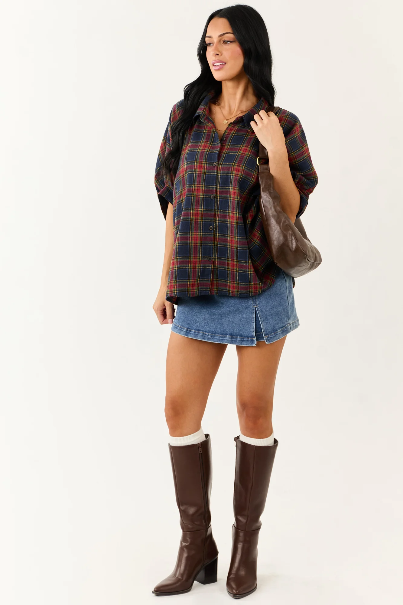 Cozy Oversized Plaid Dolman Sleeve Top in Navy Blue
