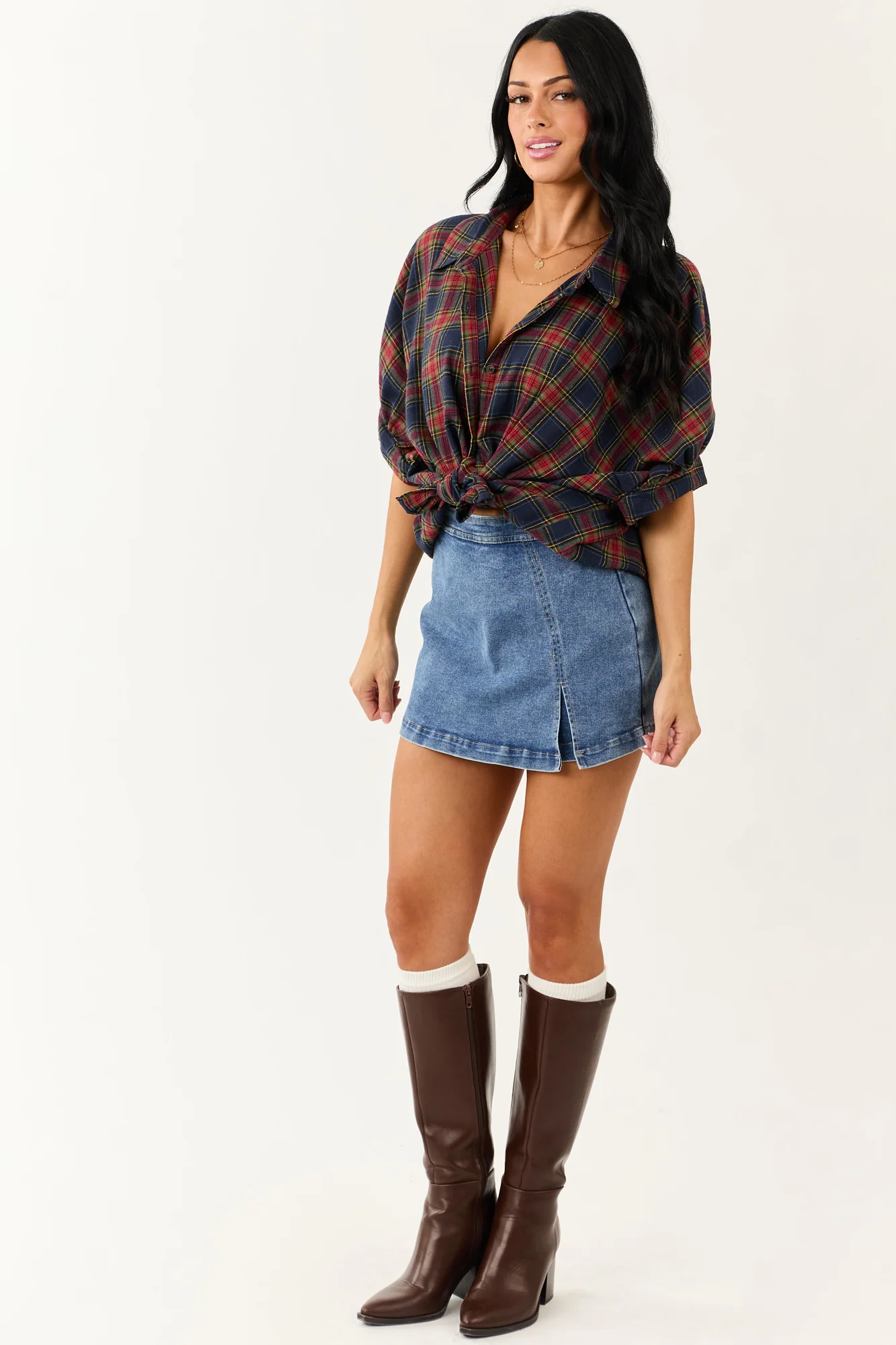 Cozy Oversized Plaid Dolman Sleeve Top in Navy Blue