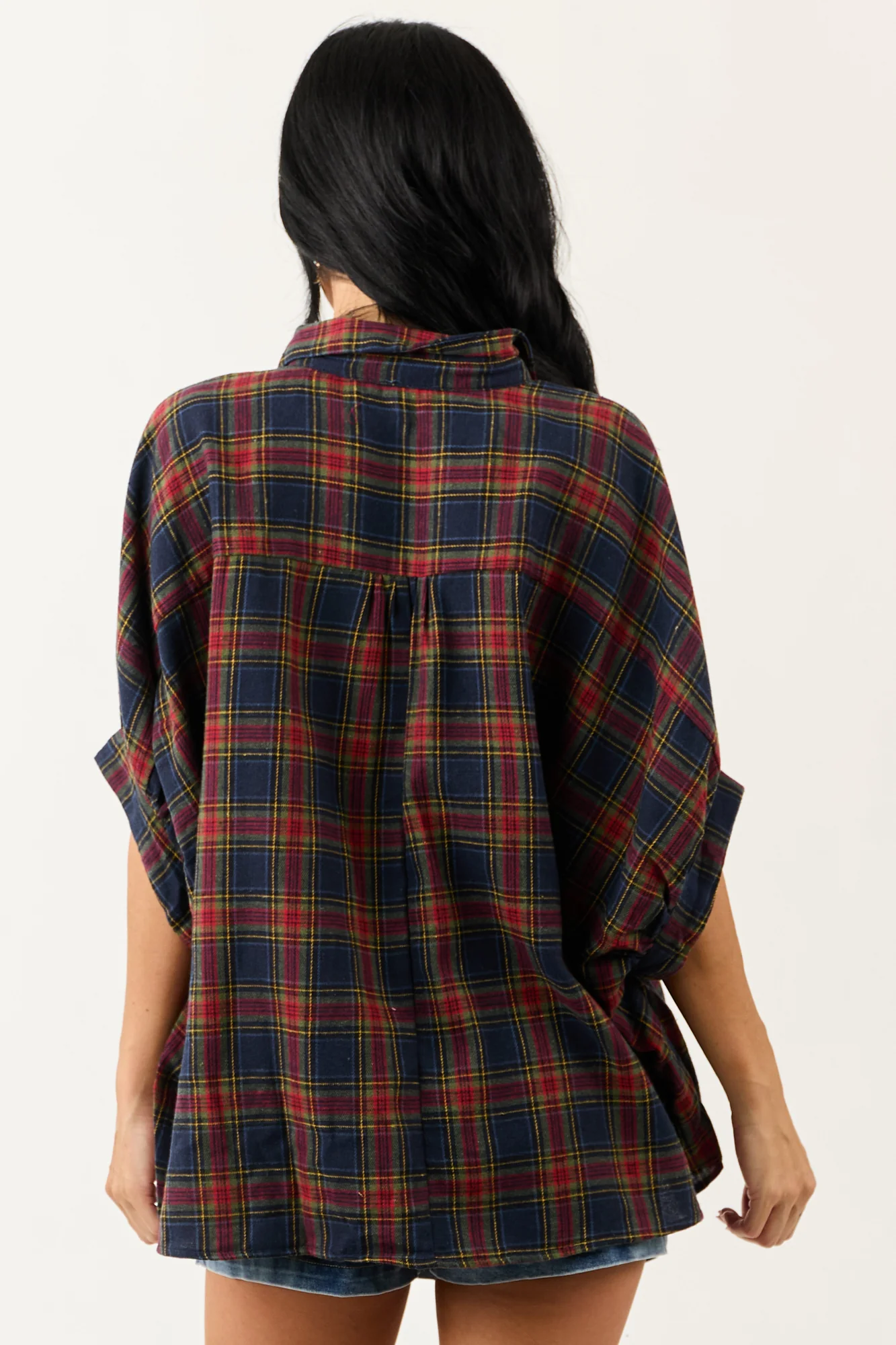 Cozy Oversized Plaid Dolman Sleeve Top in Navy Blue