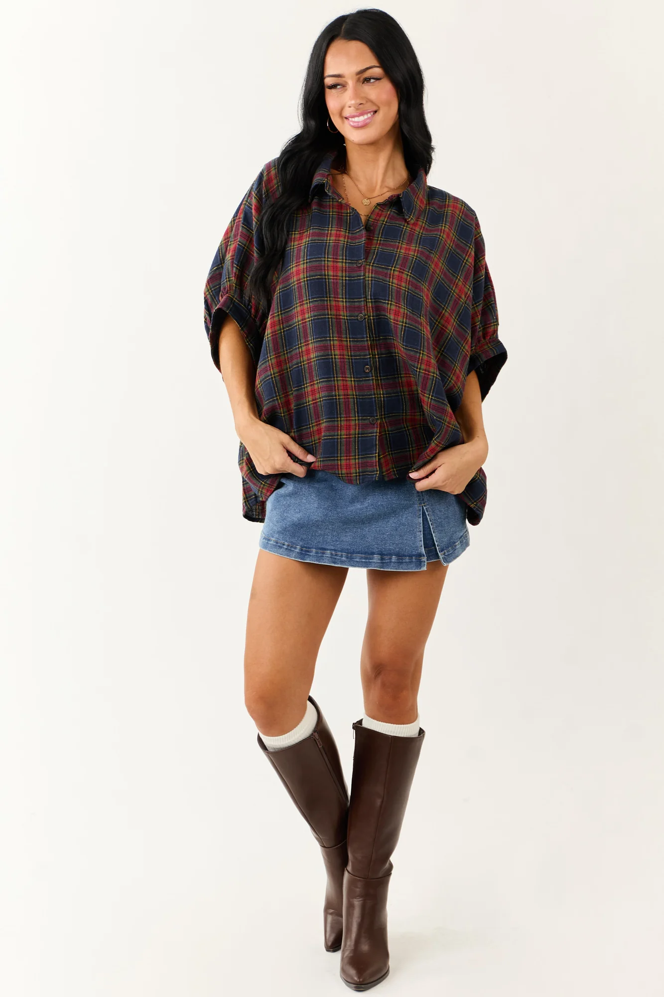 Cozy Oversized Plaid Dolman Sleeve Top in Navy Blue