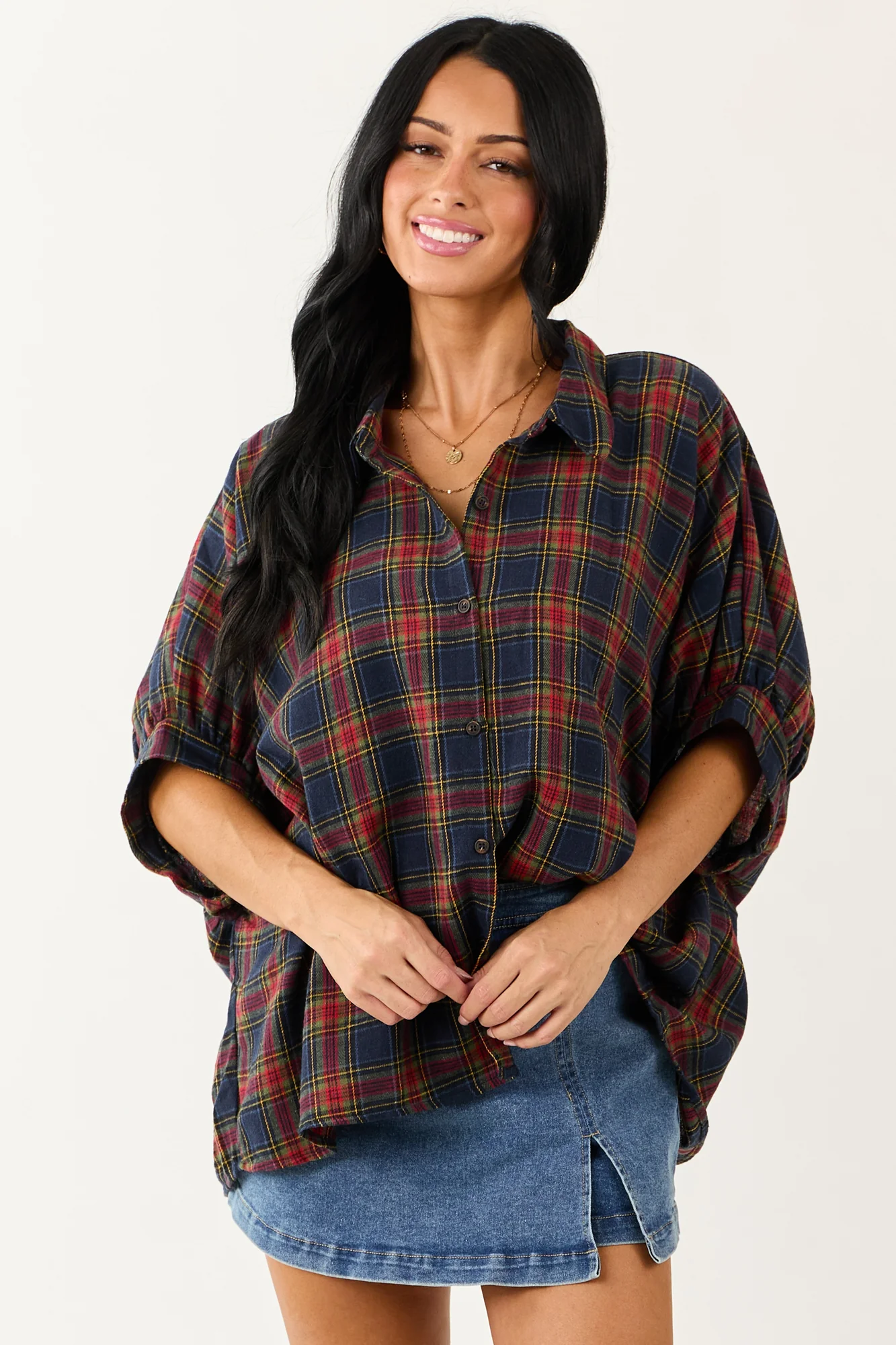 Cozy Oversized Plaid Dolman Sleeve Top in Navy Blue