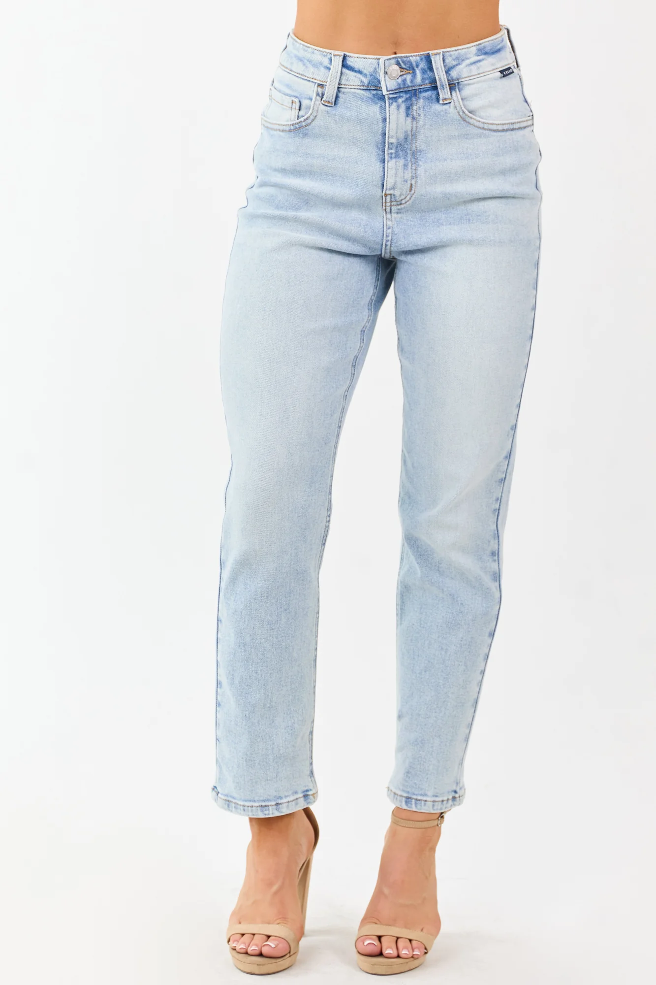 Light Wash Stretchy Straight Jeans - High Rise Ankle Length Fit