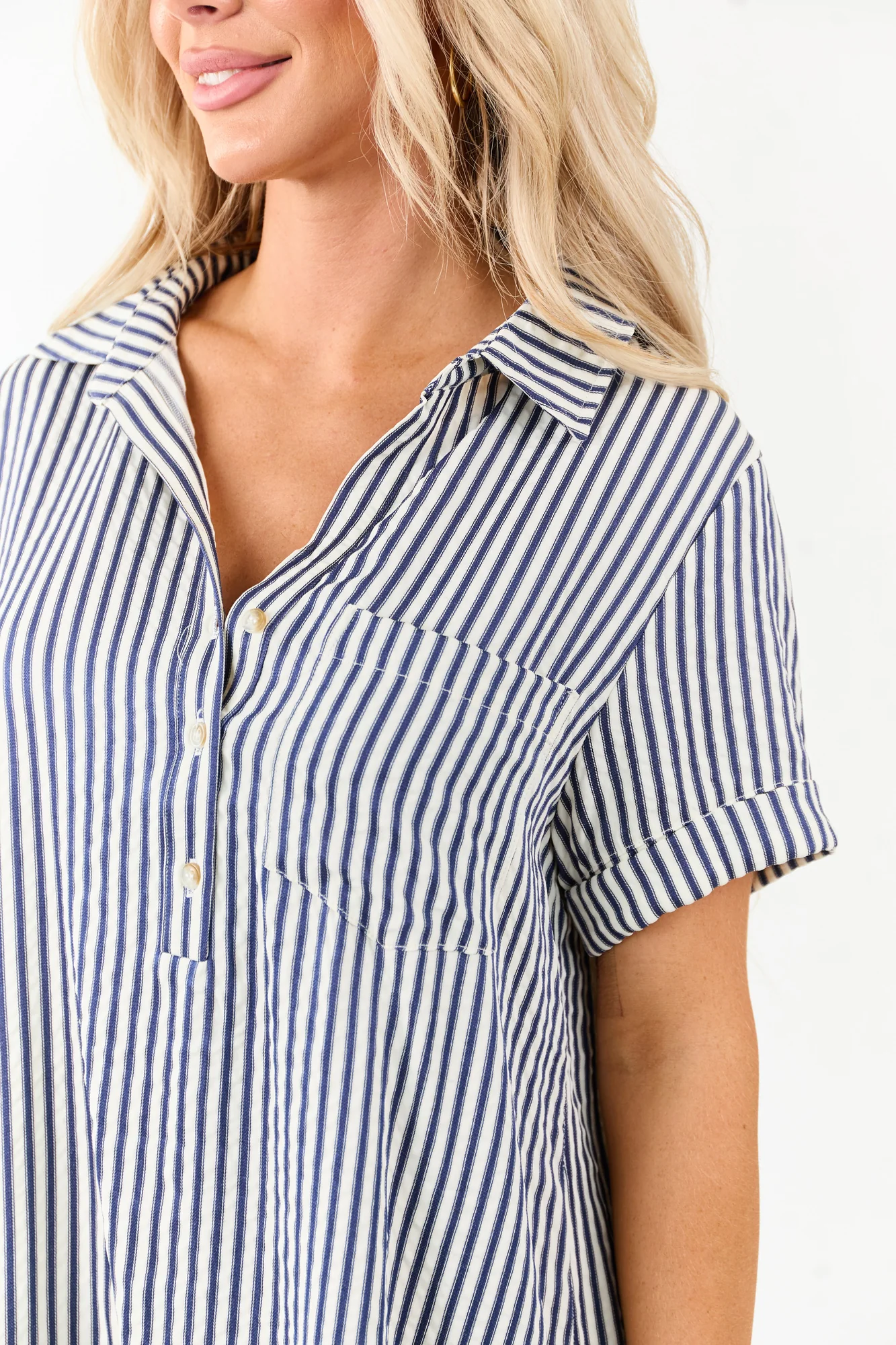 Navy Striped Button-Up Shirt Dress