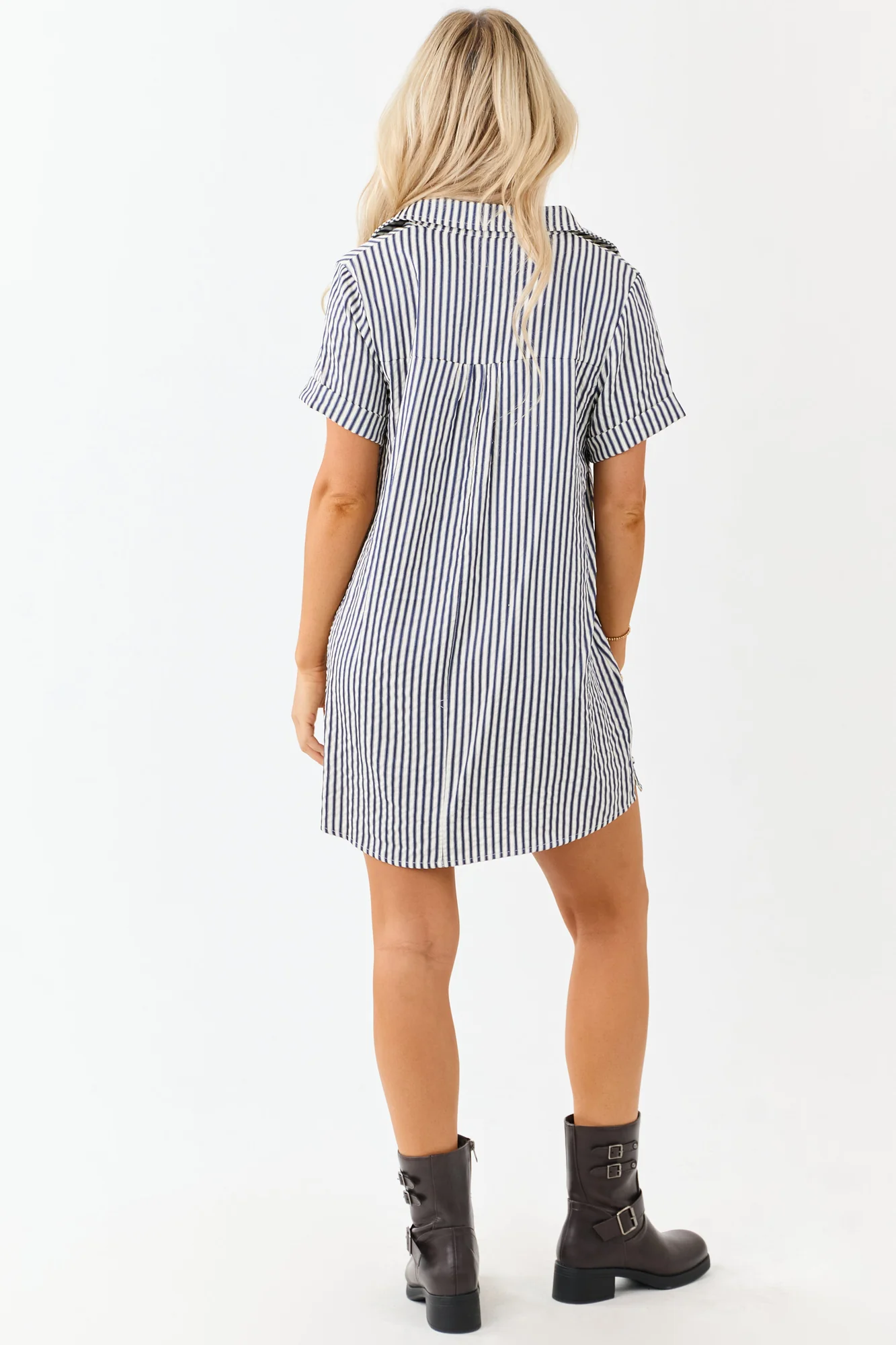 Navy Striped Button-Up Shirt Dress