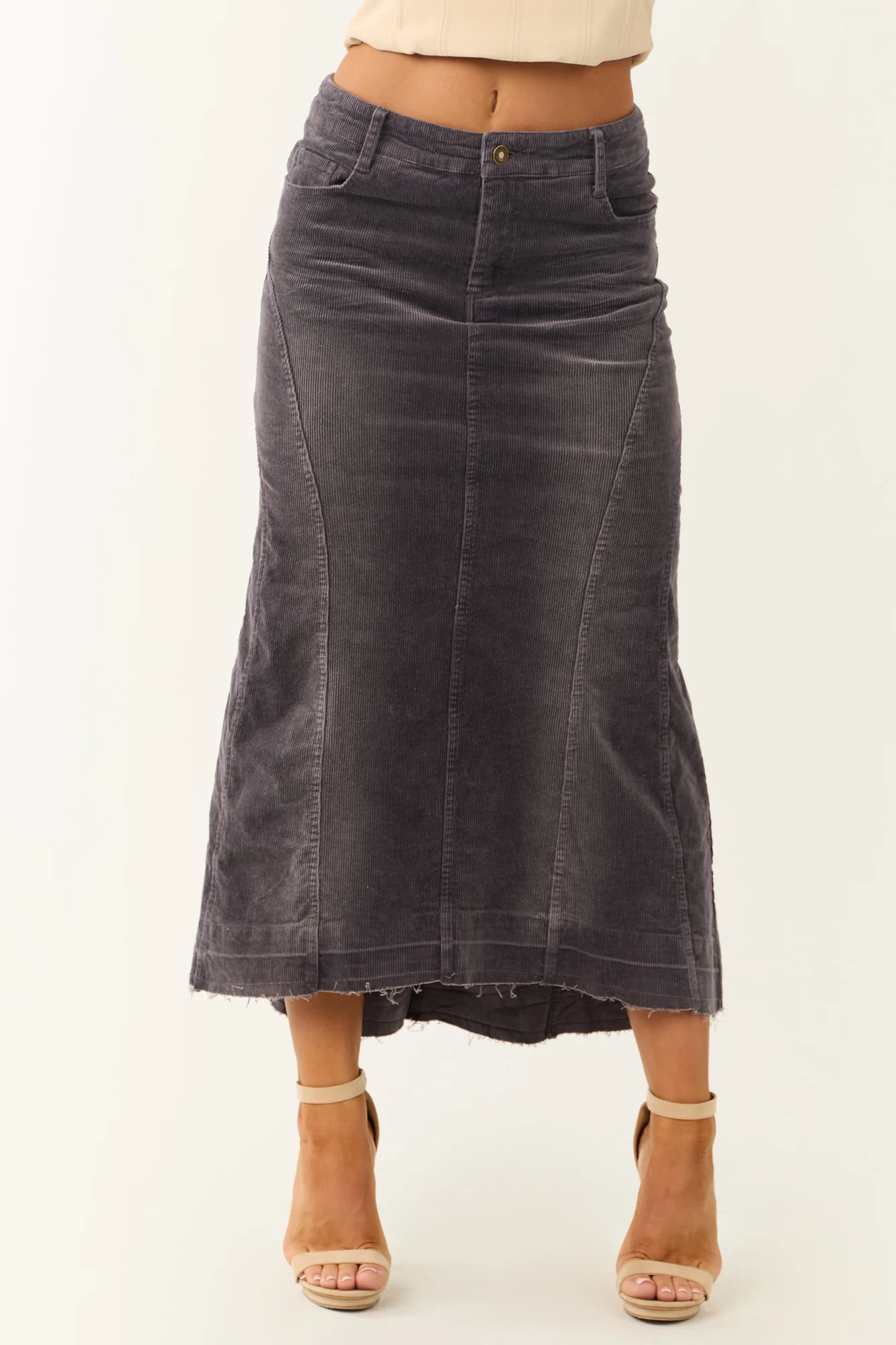 Corduroy High Low Midi Skirt Grey