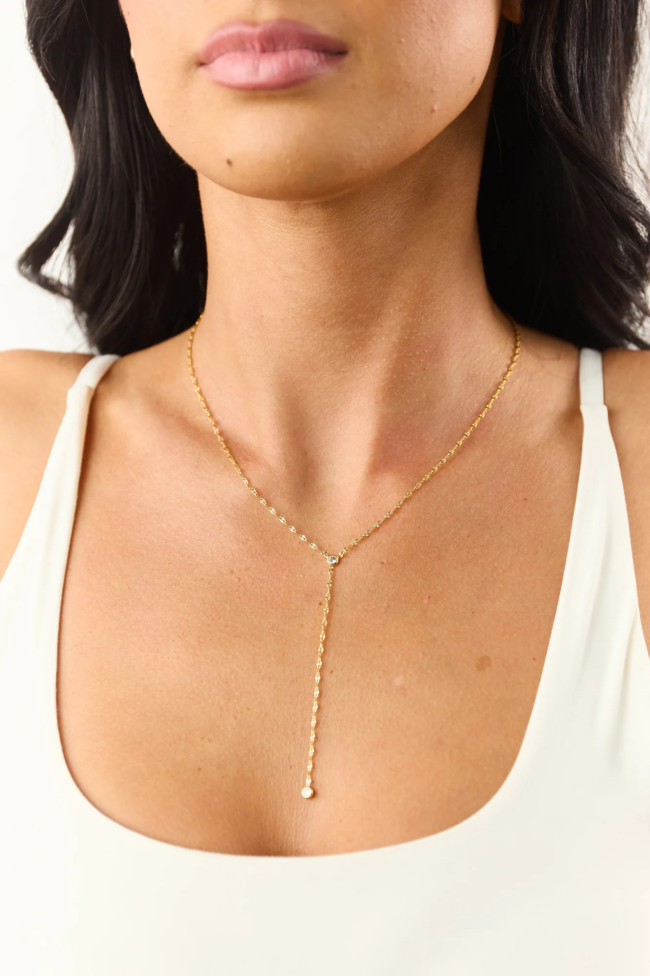 Gold Rhinestone Lariat Necklace - Elegant Chain Link Design