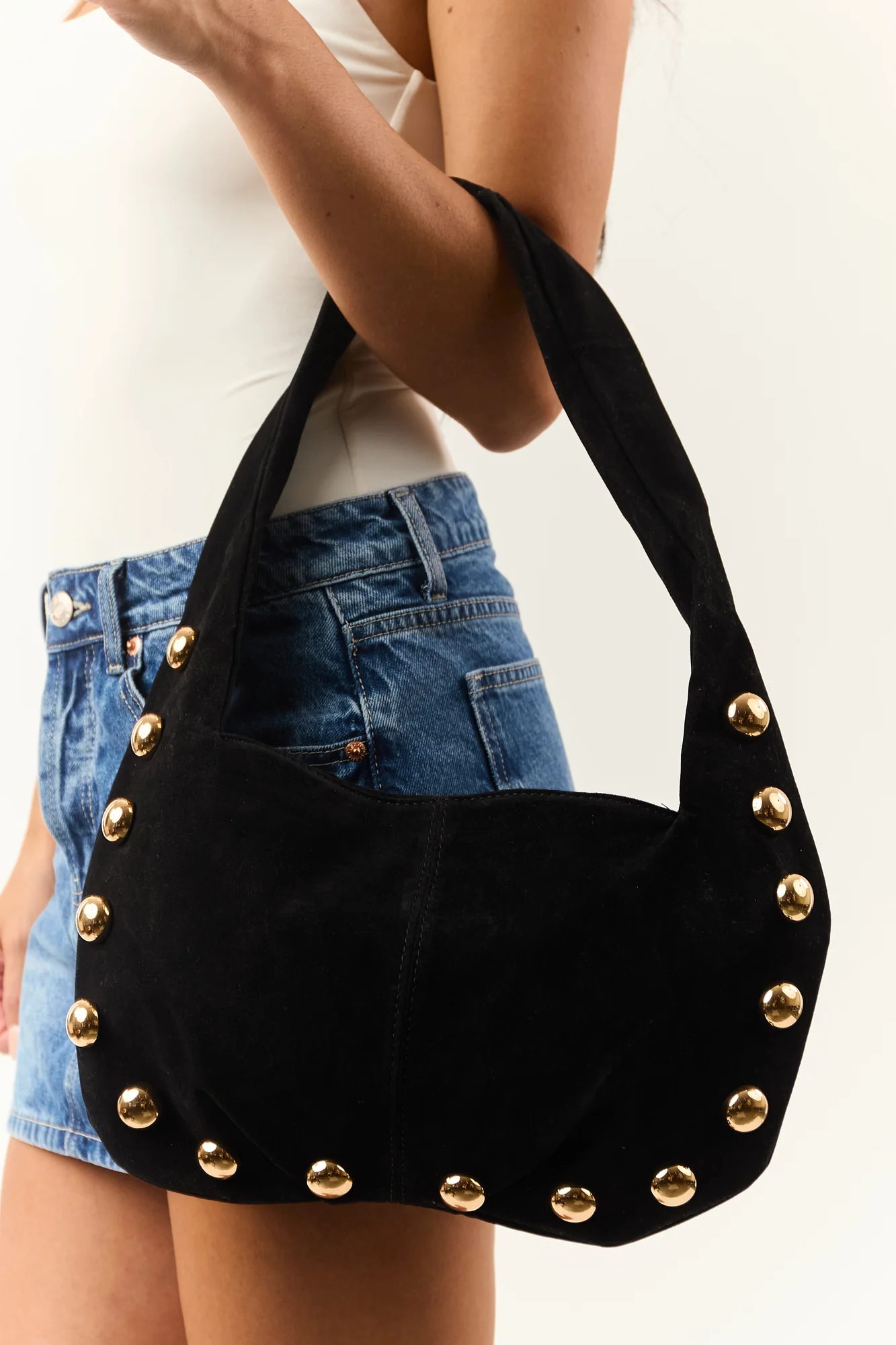 Stylish Black Faux Suede Studded Shoulder Bag