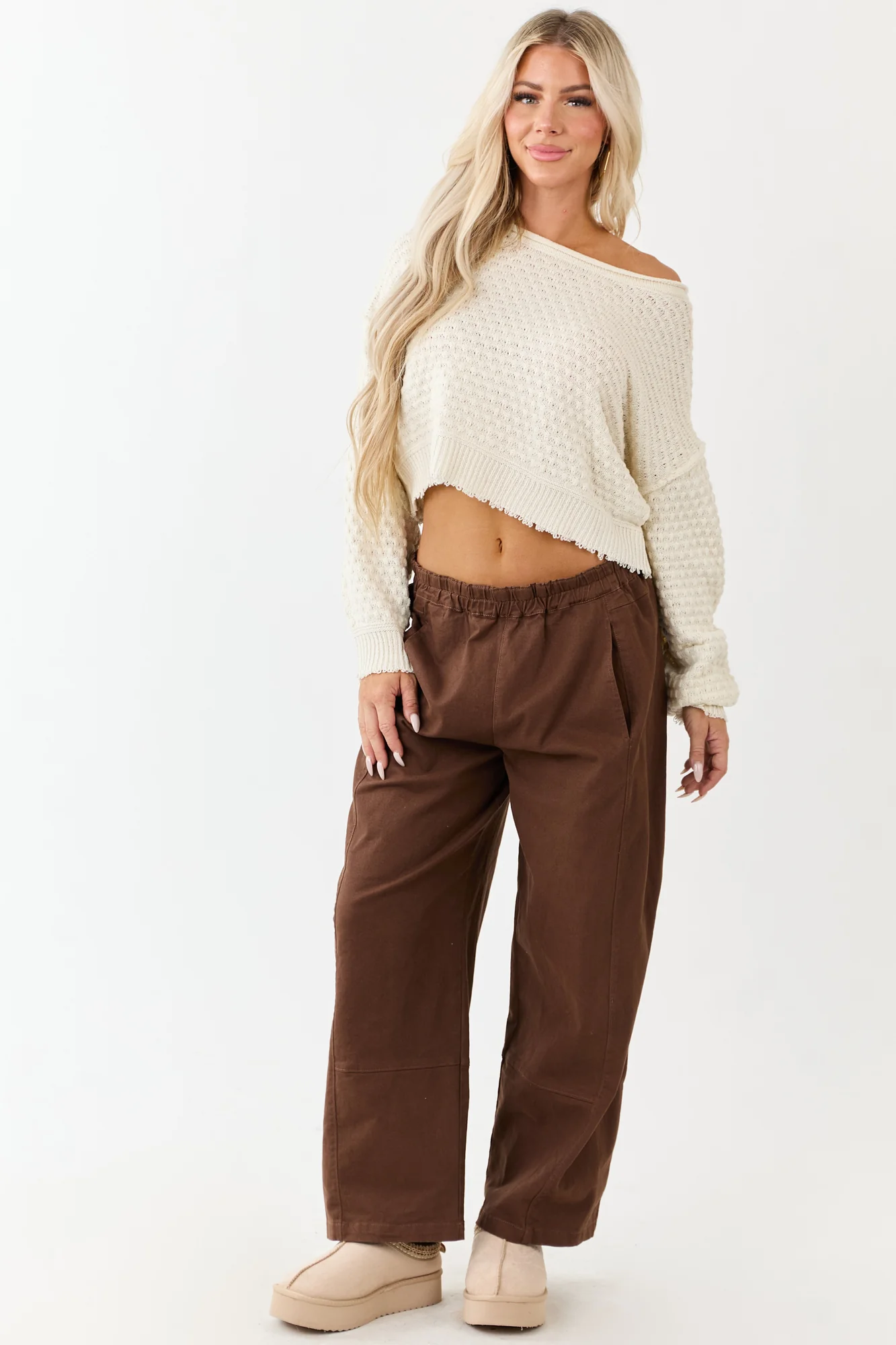 Sepia Elastic Waist Wide Leg Denim Pants