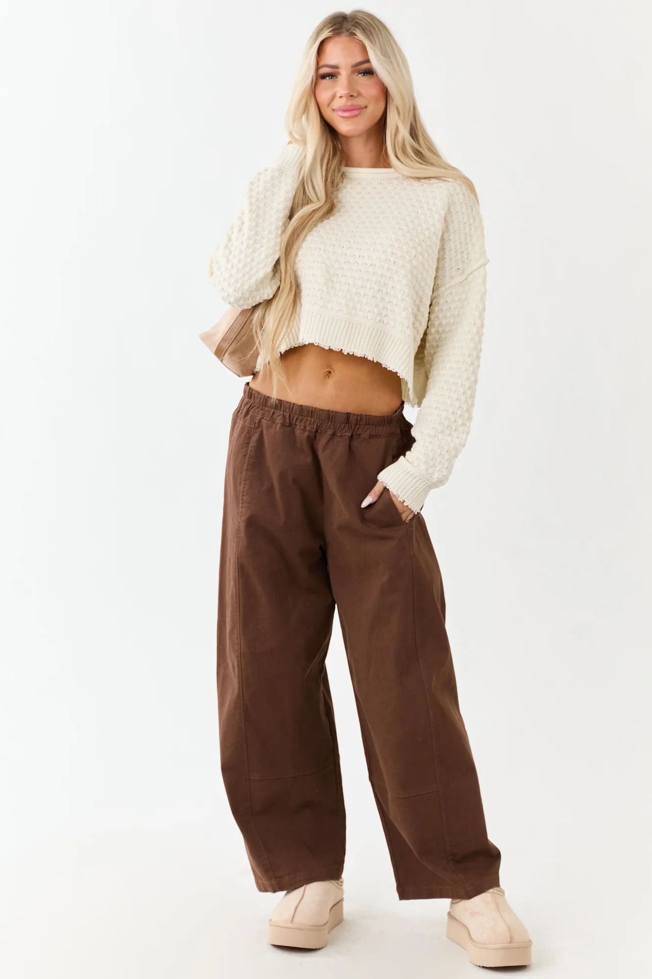 Sepia Elastic Waist Wide Leg Denim Pants
