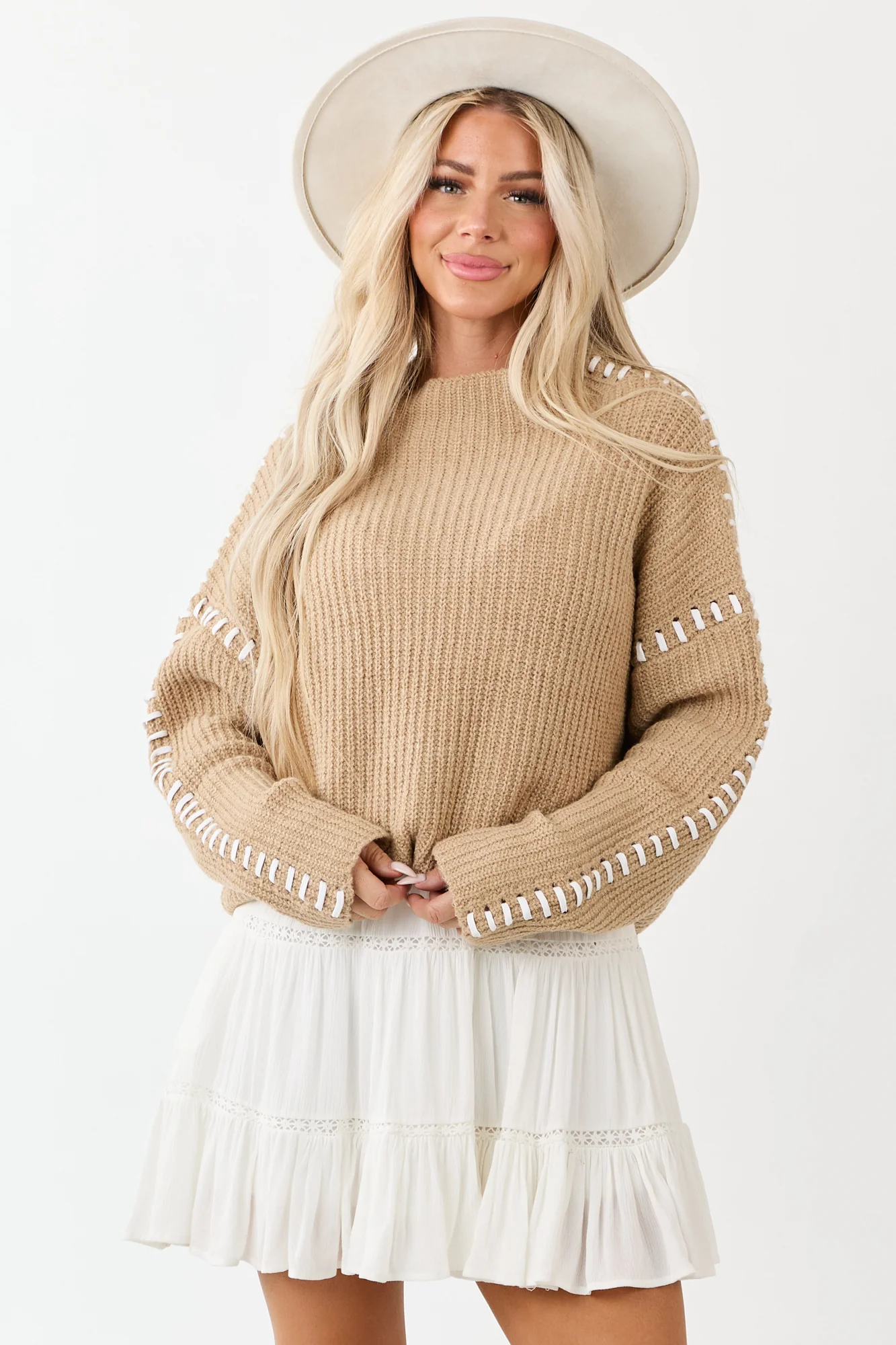 Neutral Contrast Stitch Cozy Sweater