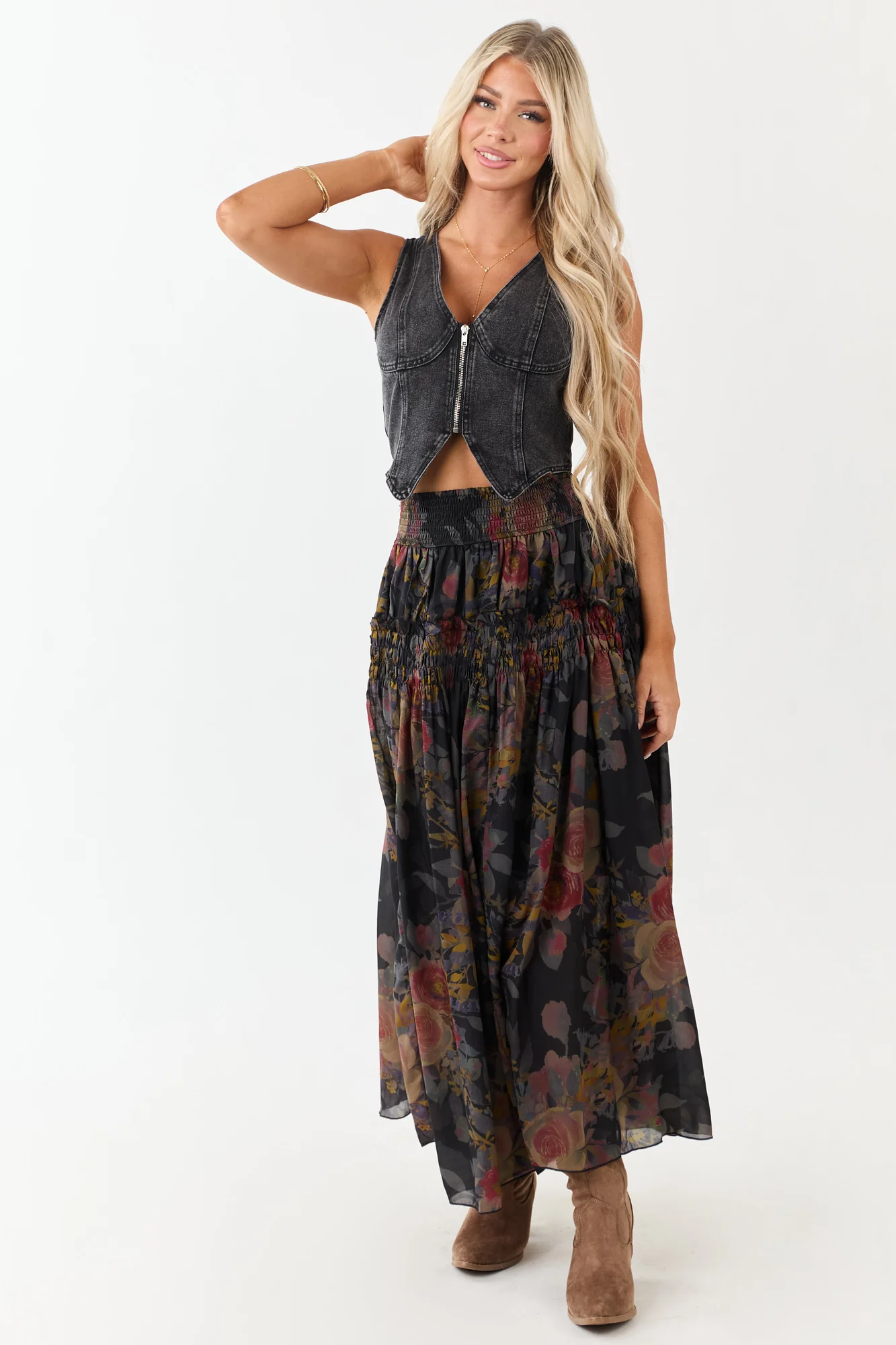 Floral Chiffon Smocked Waist Maxi Skirt in Black