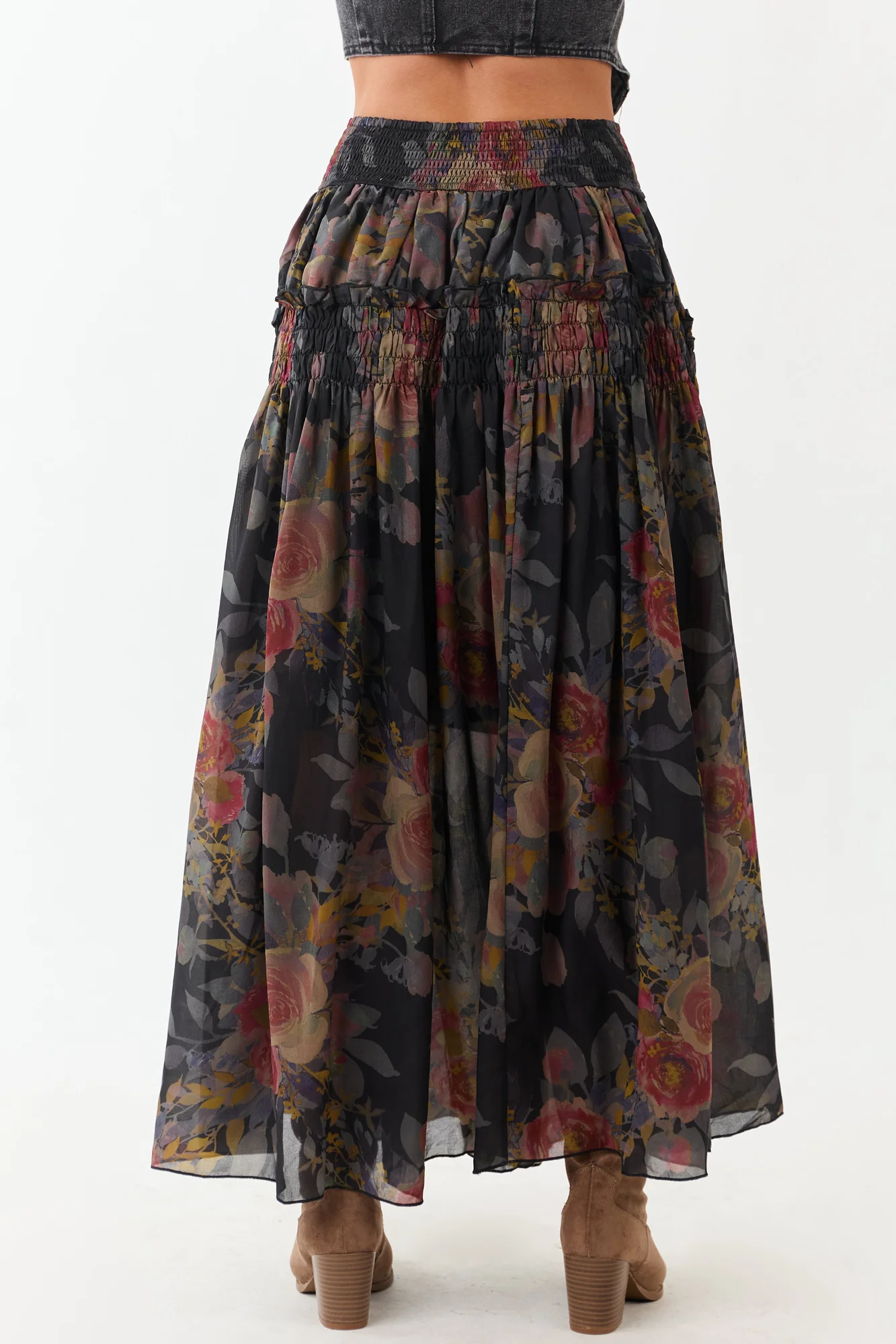 Floral Chiffon Smocked Waist Maxi Skirt in Black