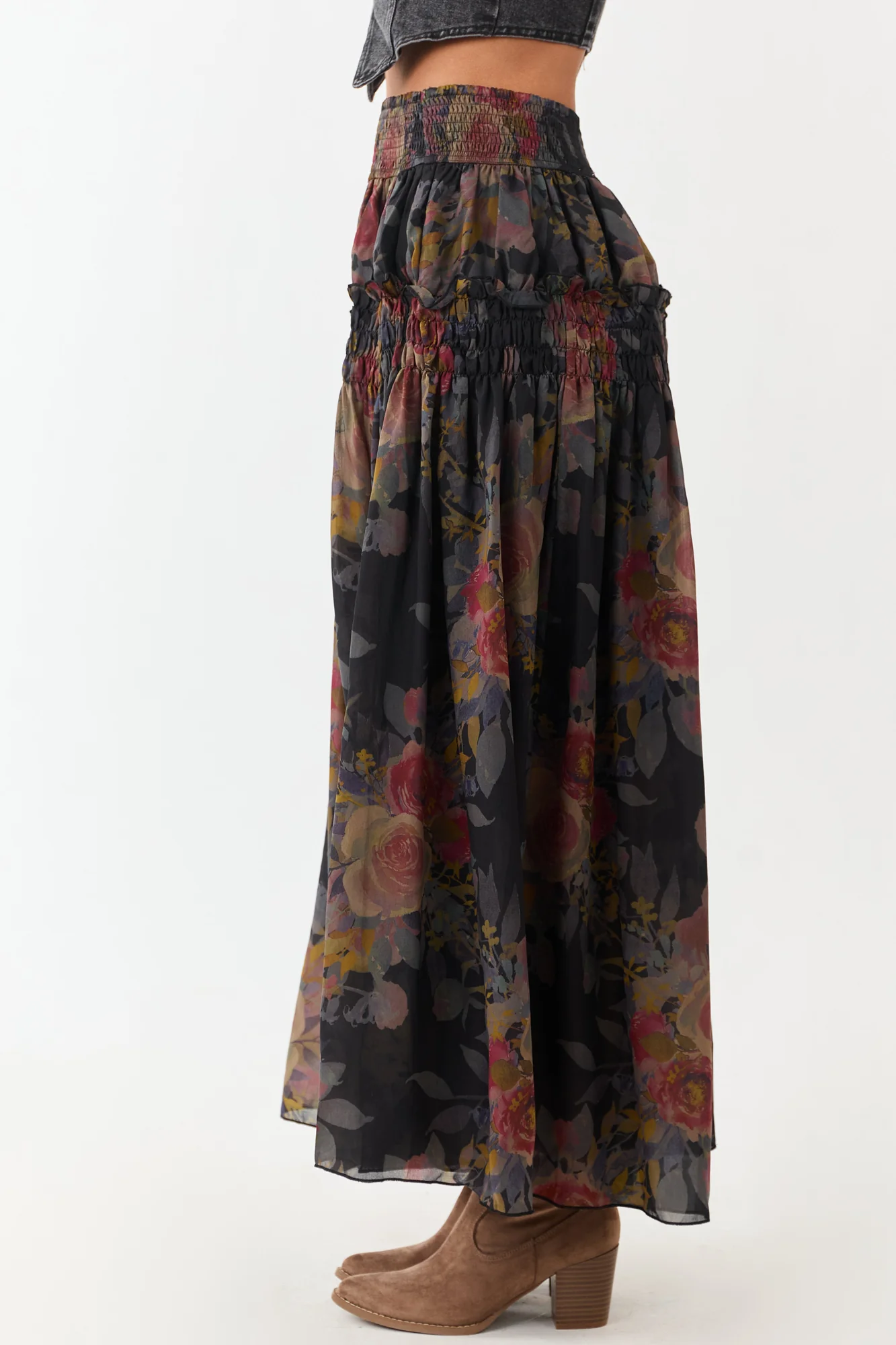 Floral Chiffon Smocked Waist Maxi Skirt in Black