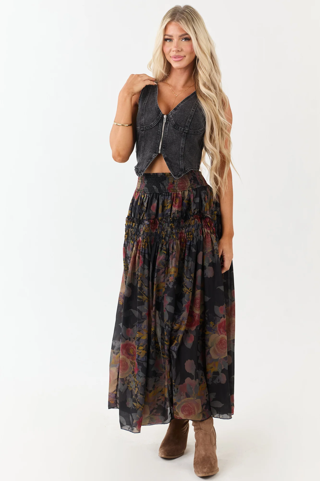 Floral Chiffon Smocked Waist Maxi Skirt in Black