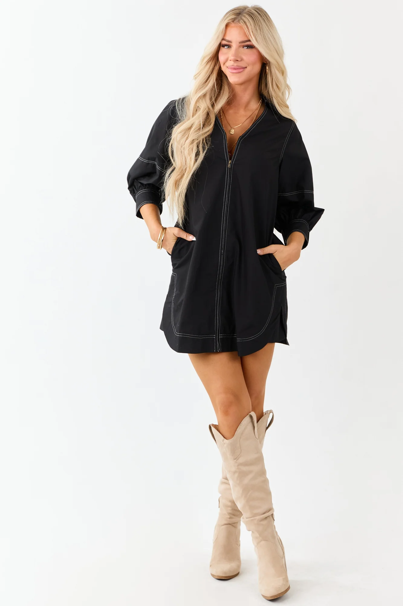 Black Collared Zip Up 3/4 Sleeve Shift Mini Dress