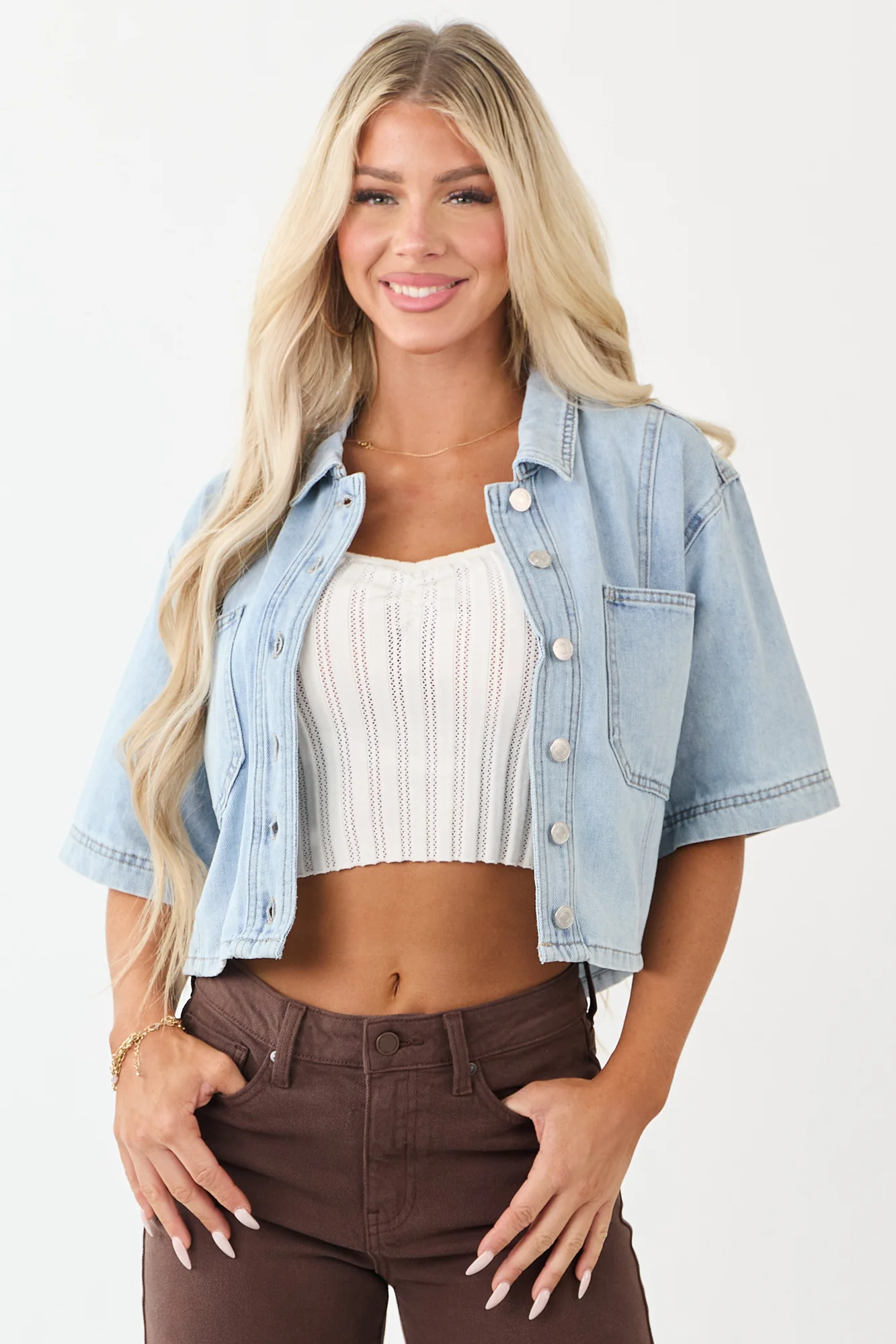 Light Wash Denim Button Down Boxy Top
