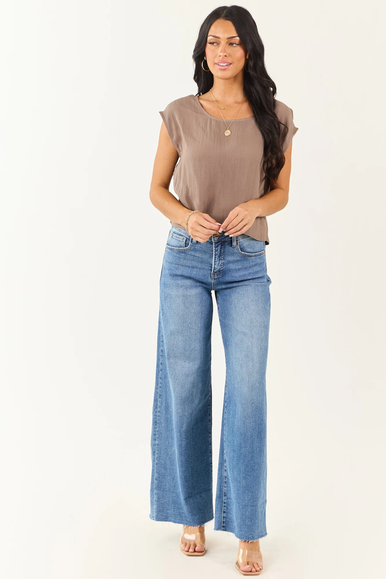 Taupe Boxy Fit Top with Cap Sleeves