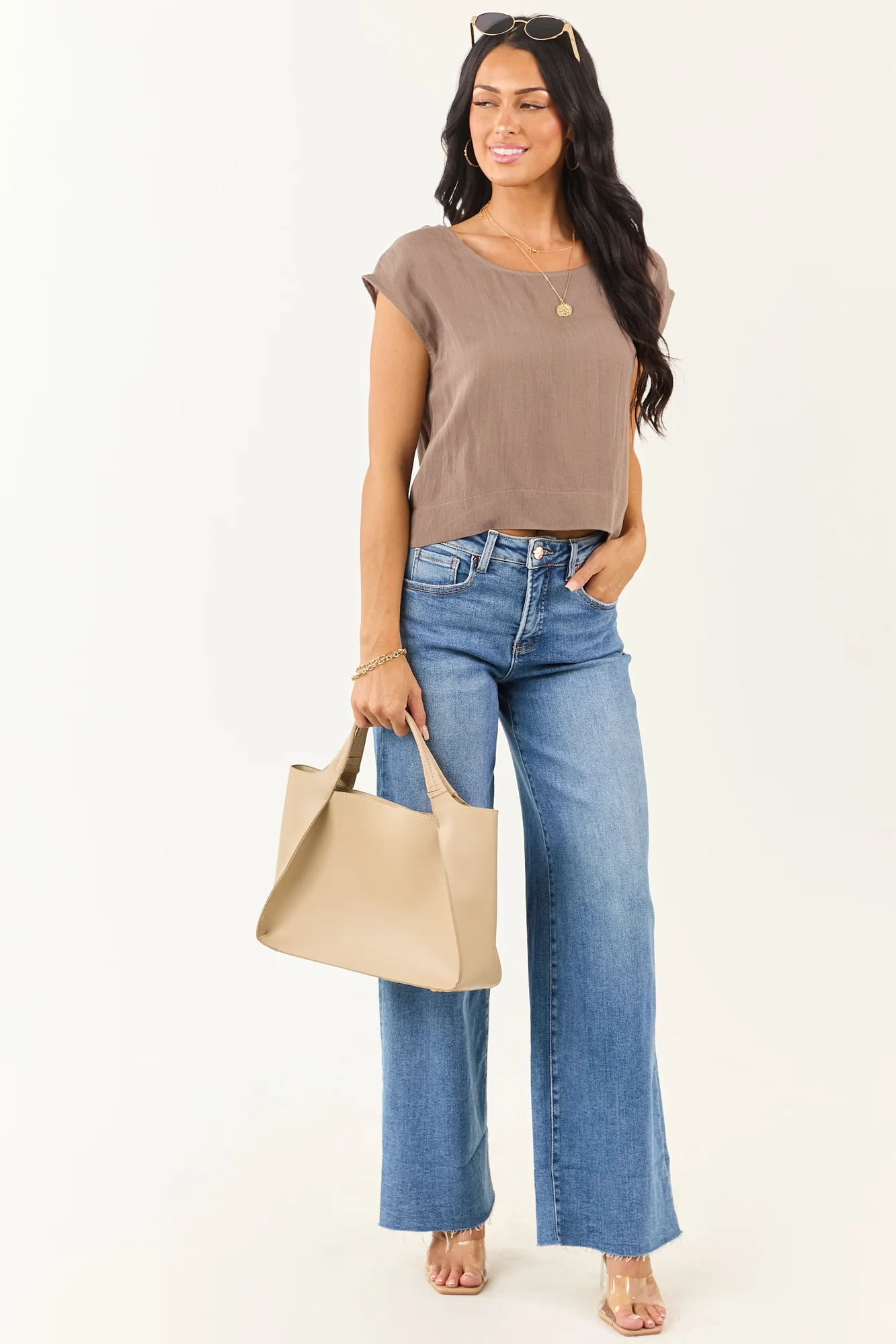 Taupe Boxy Fit Top with Cap Sleeves