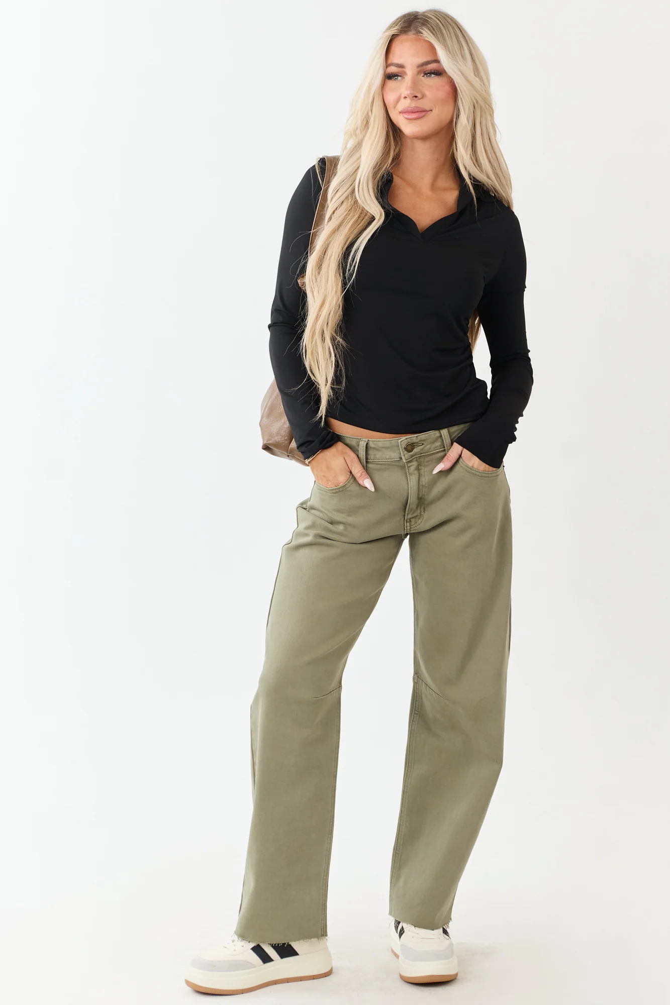 Mid Rise Barrel Leg Comfort Jeans in Antique Olive