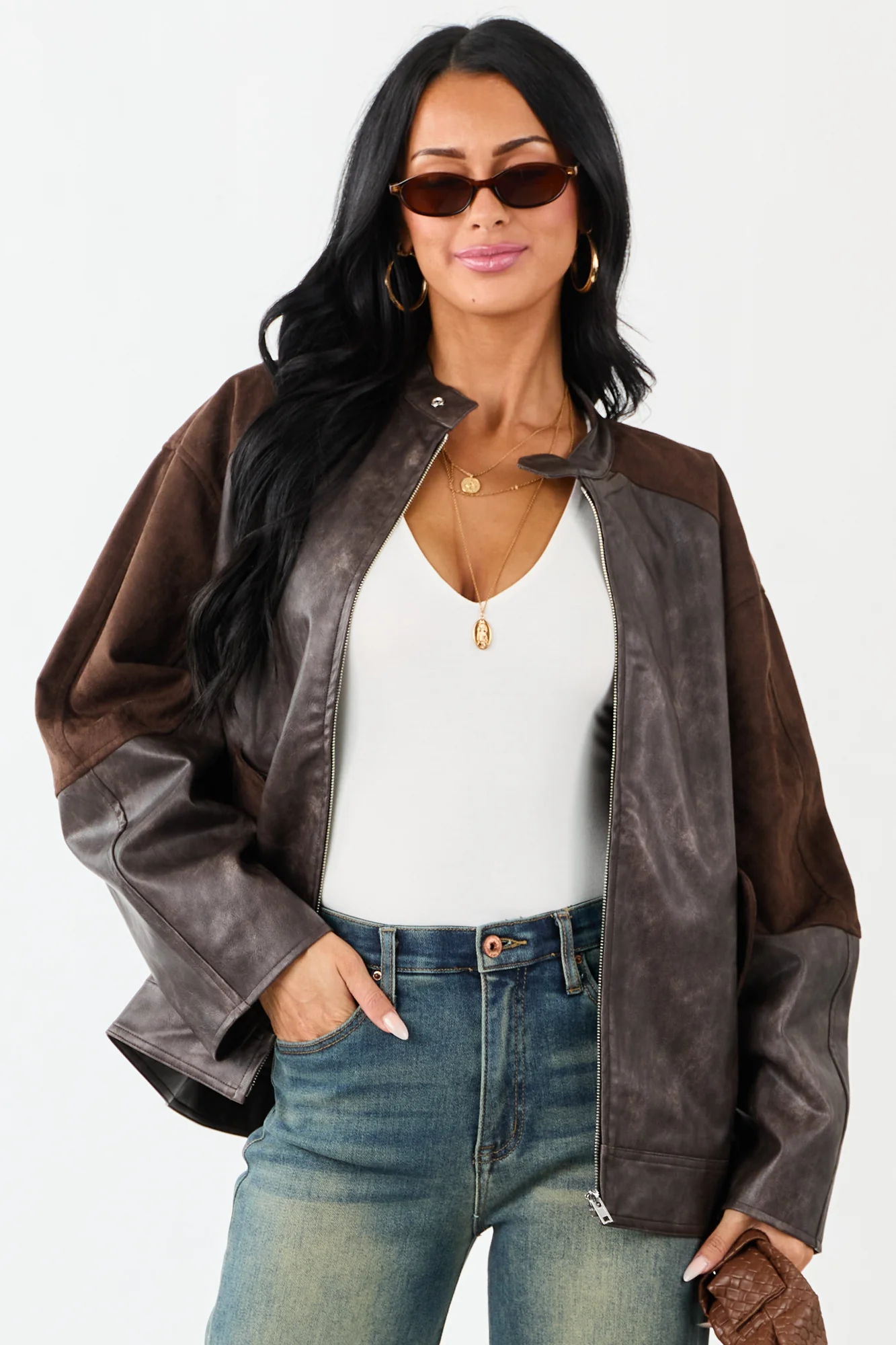 Brown Faux Leather Zip Up Jacket