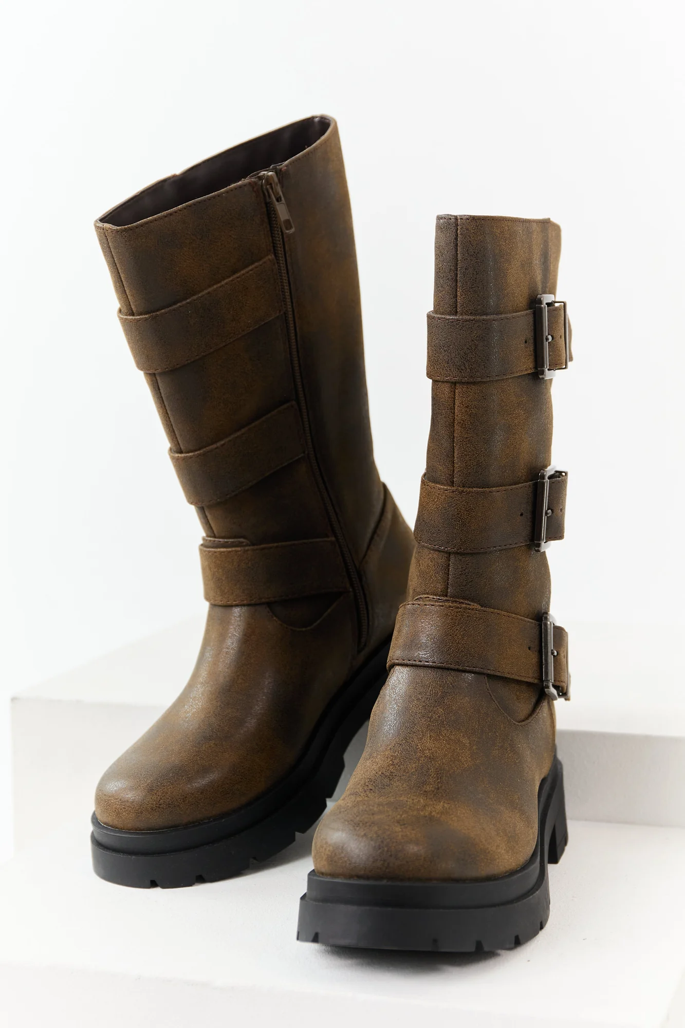 Brown Faux Leather Buckle Ankle Boots