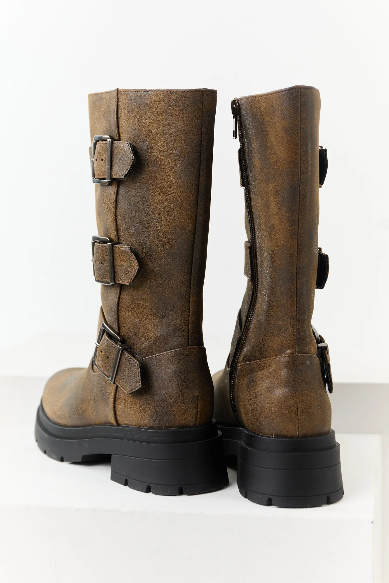 Brown Faux Leather Buckle Ankle Boots