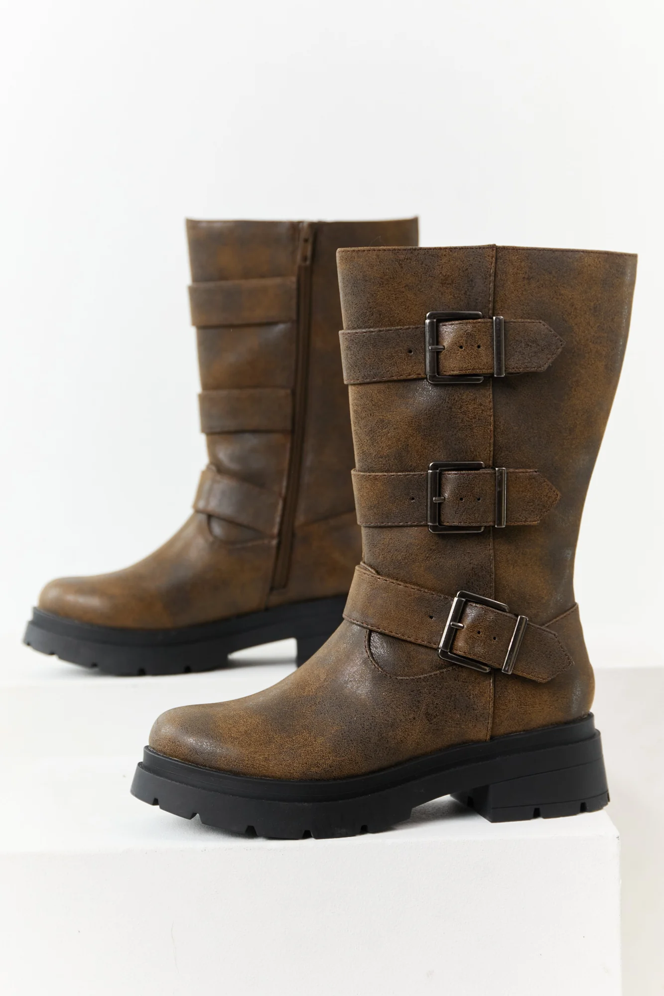 Brown Faux Leather Buckle Ankle Boots