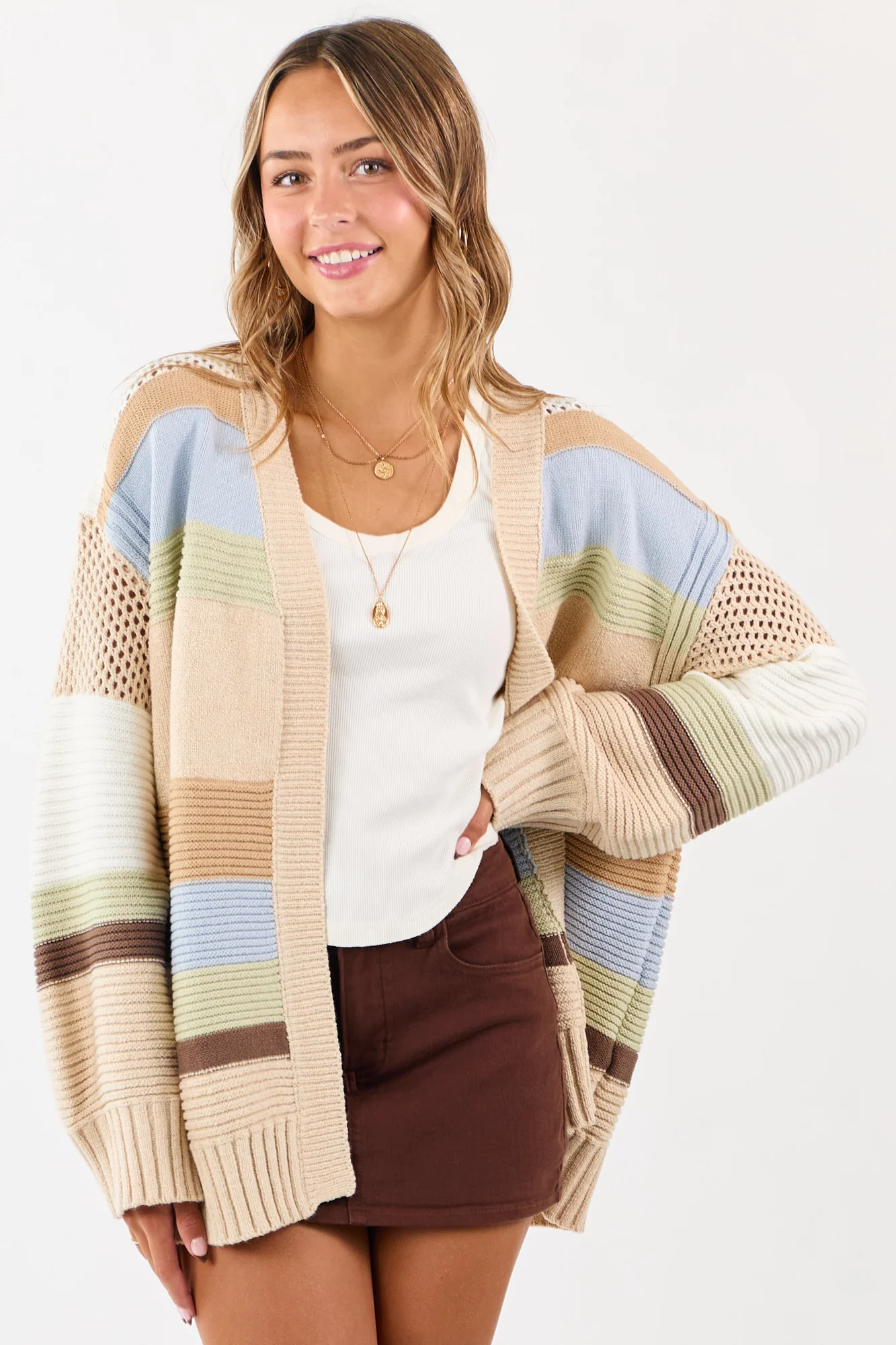 Autumn Tone Striped Oversized Knit Cardigan