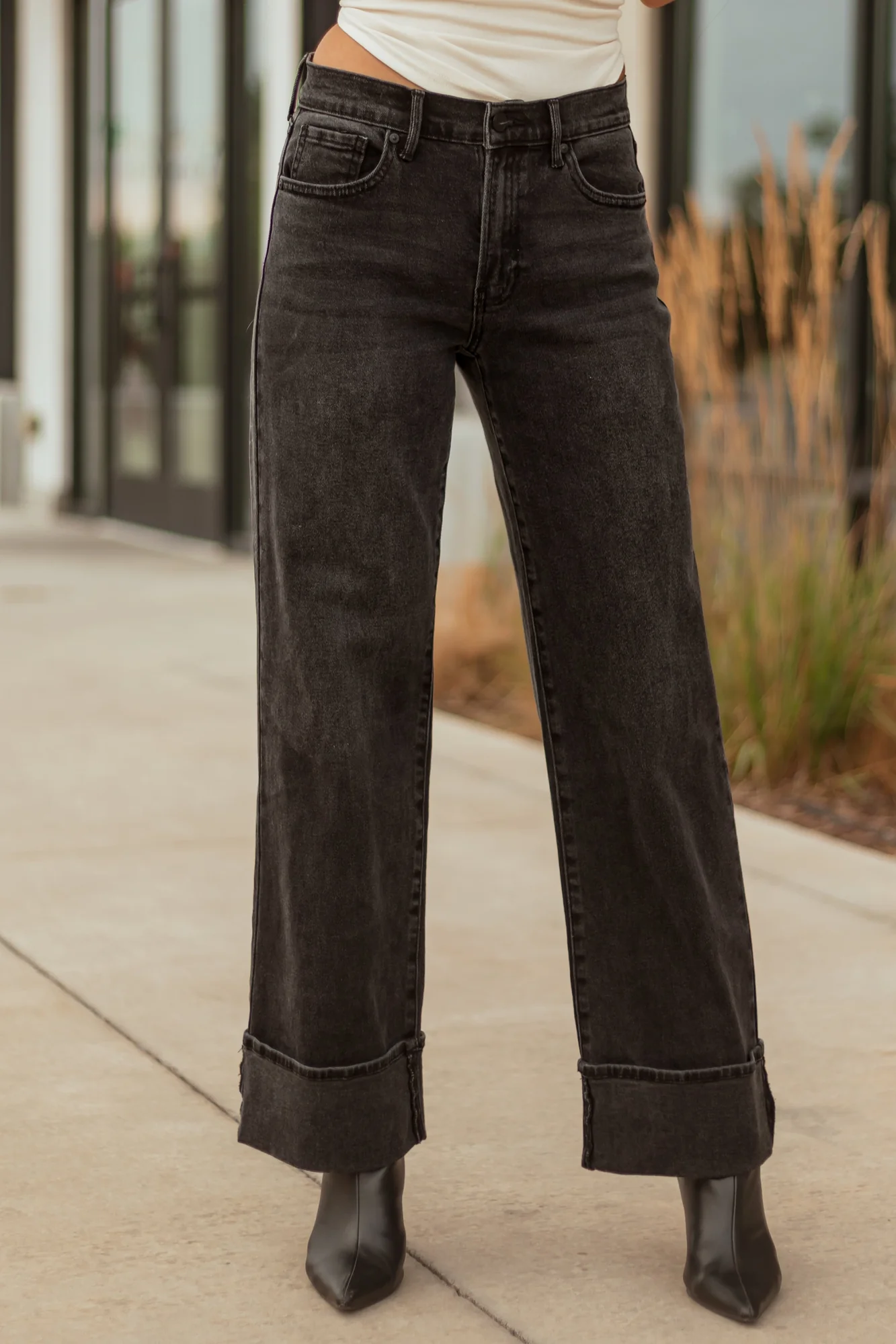 Black Wide Leg Cuffed Stretchy Jeans
