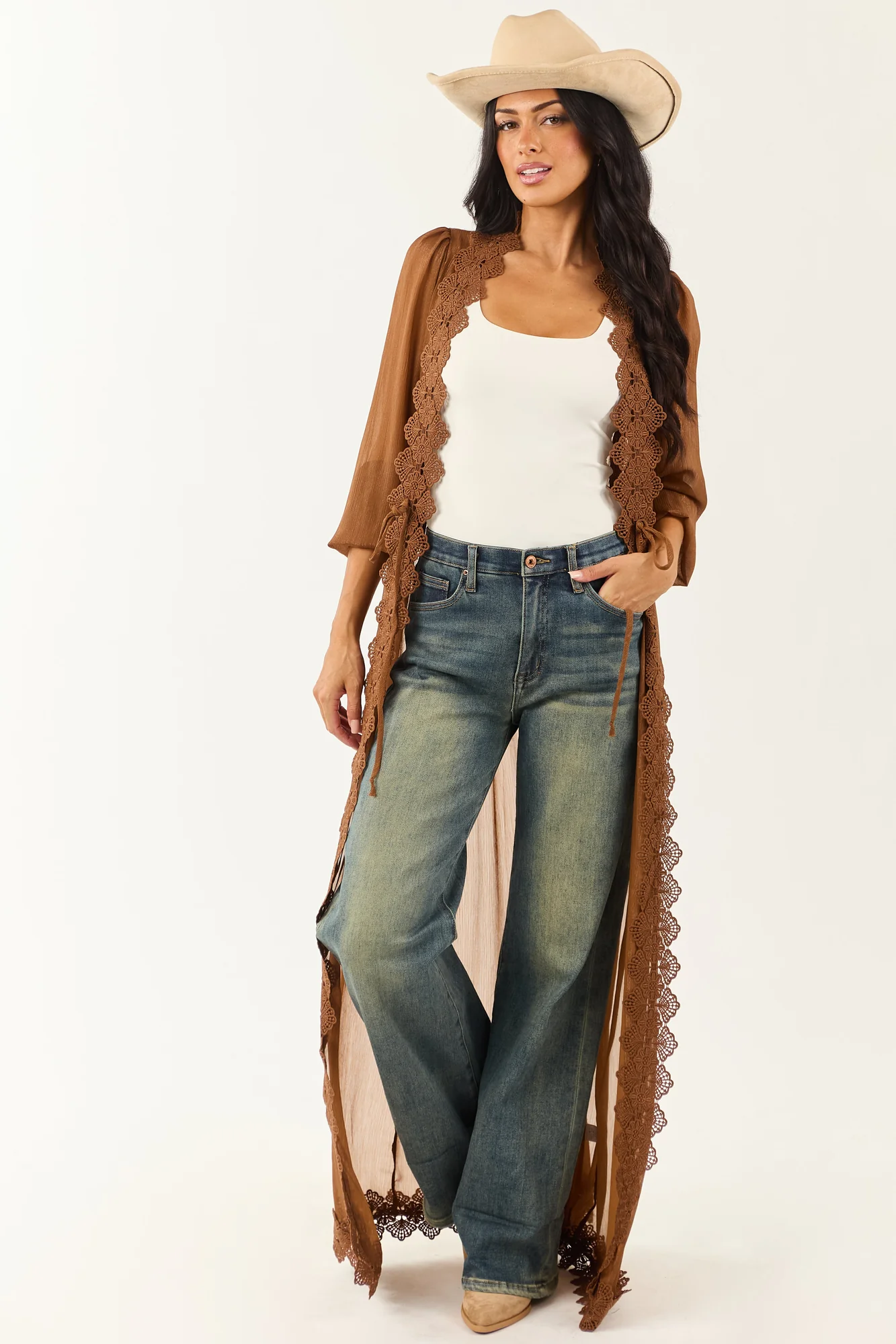 Boho-Chic Lace Trim Chiffon Cardigan Duster